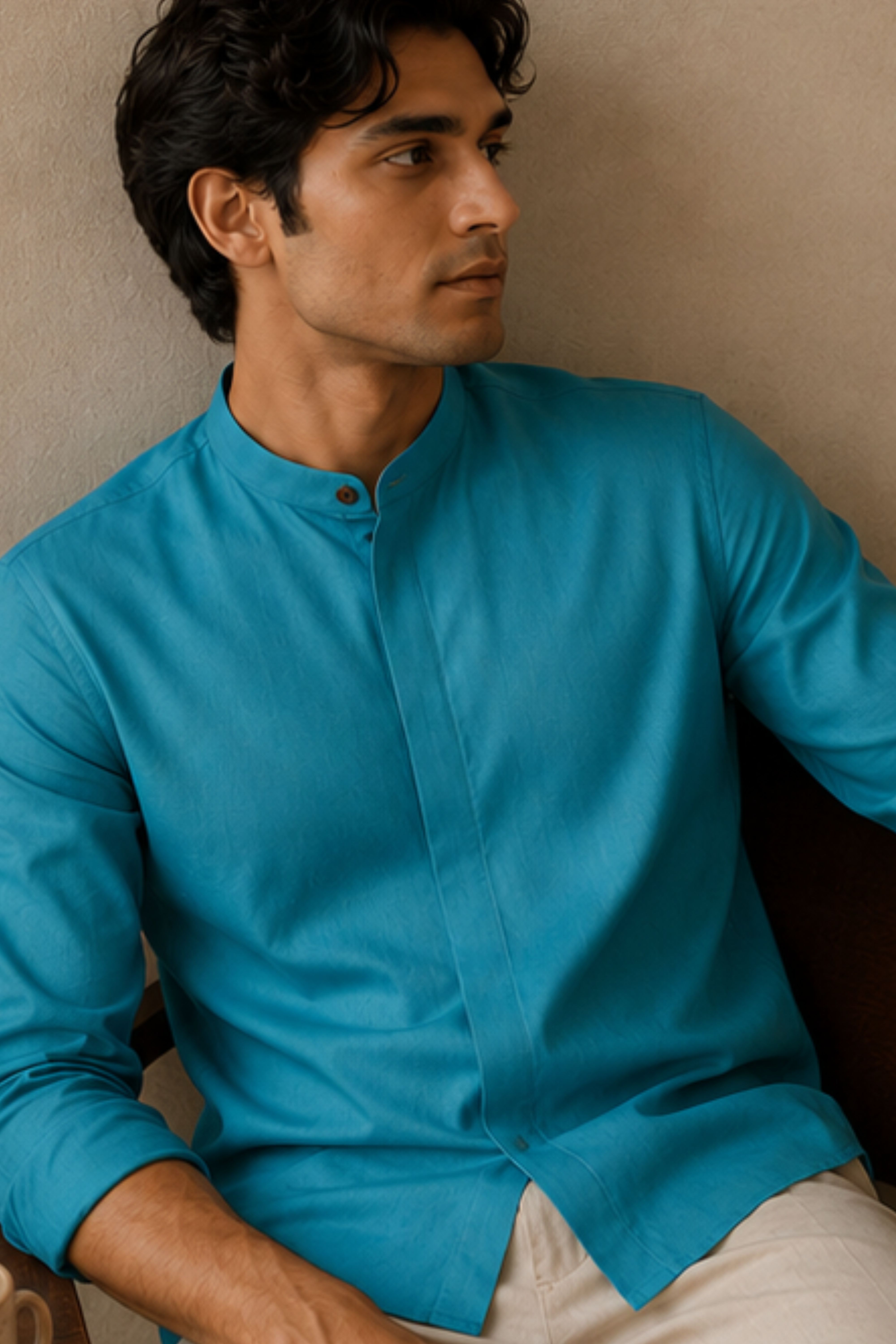 Imperial Aqua Modal Satin Chinese Collar Shirt for Men – Full Sleeve Sustainable Shirt