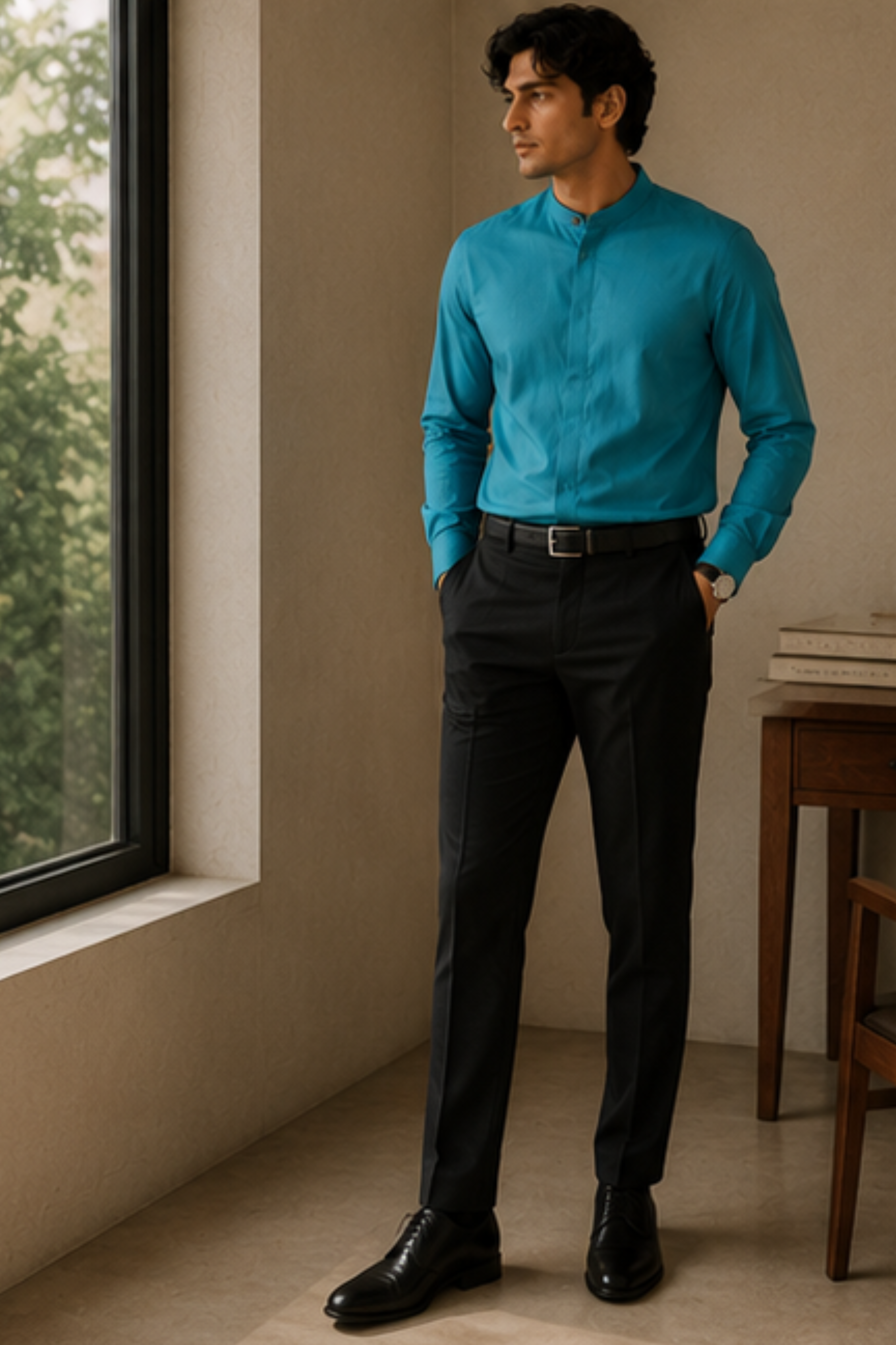 Imperial Aqua Modal Satin Chinese Collar Shirt for Men – Full Sleeve Sustainable Shirt