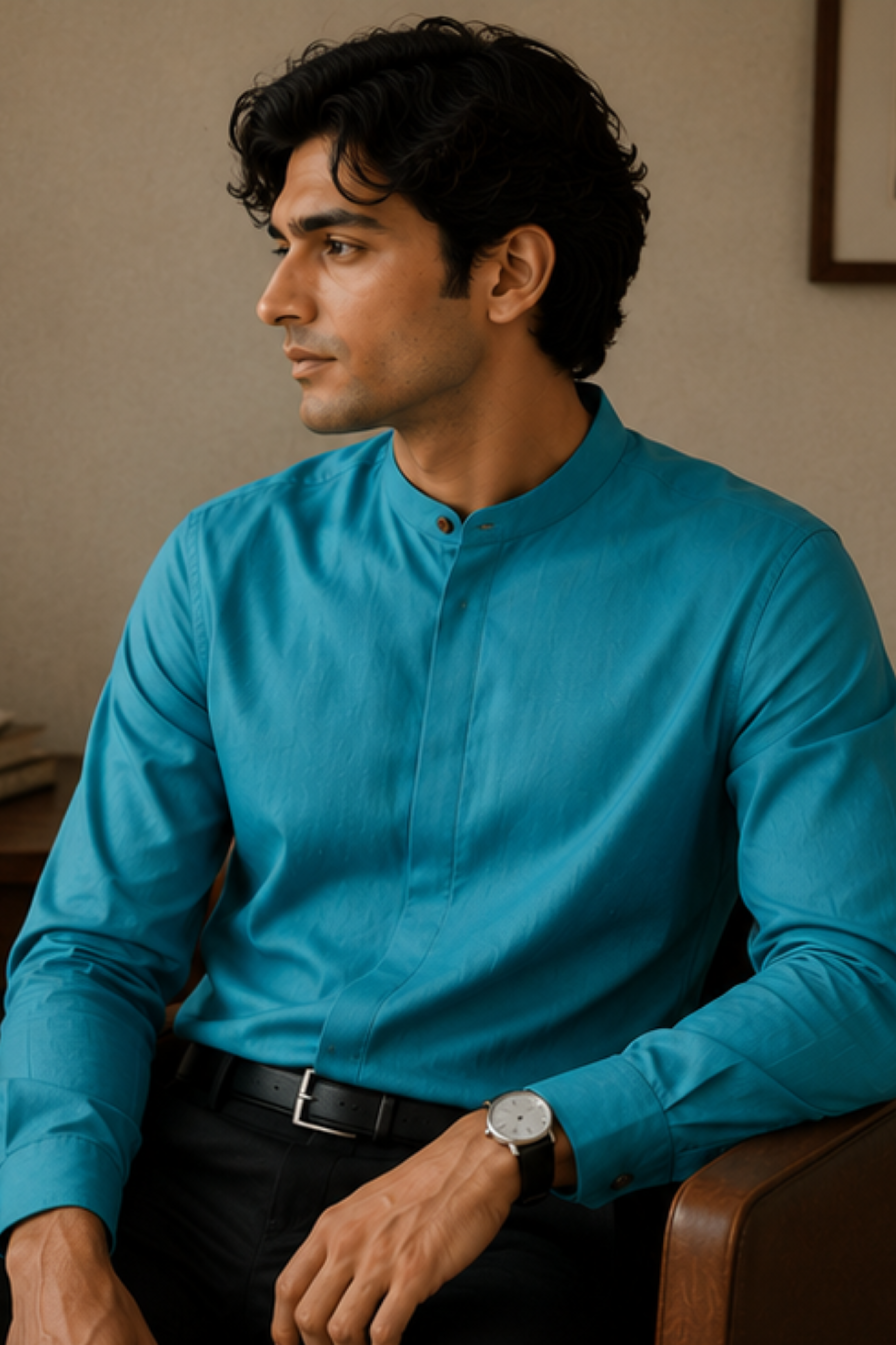 Imperial Aqua Modal Satin Chinese Collar Shirt for Men – Full Sleeve Sustainable Shirt