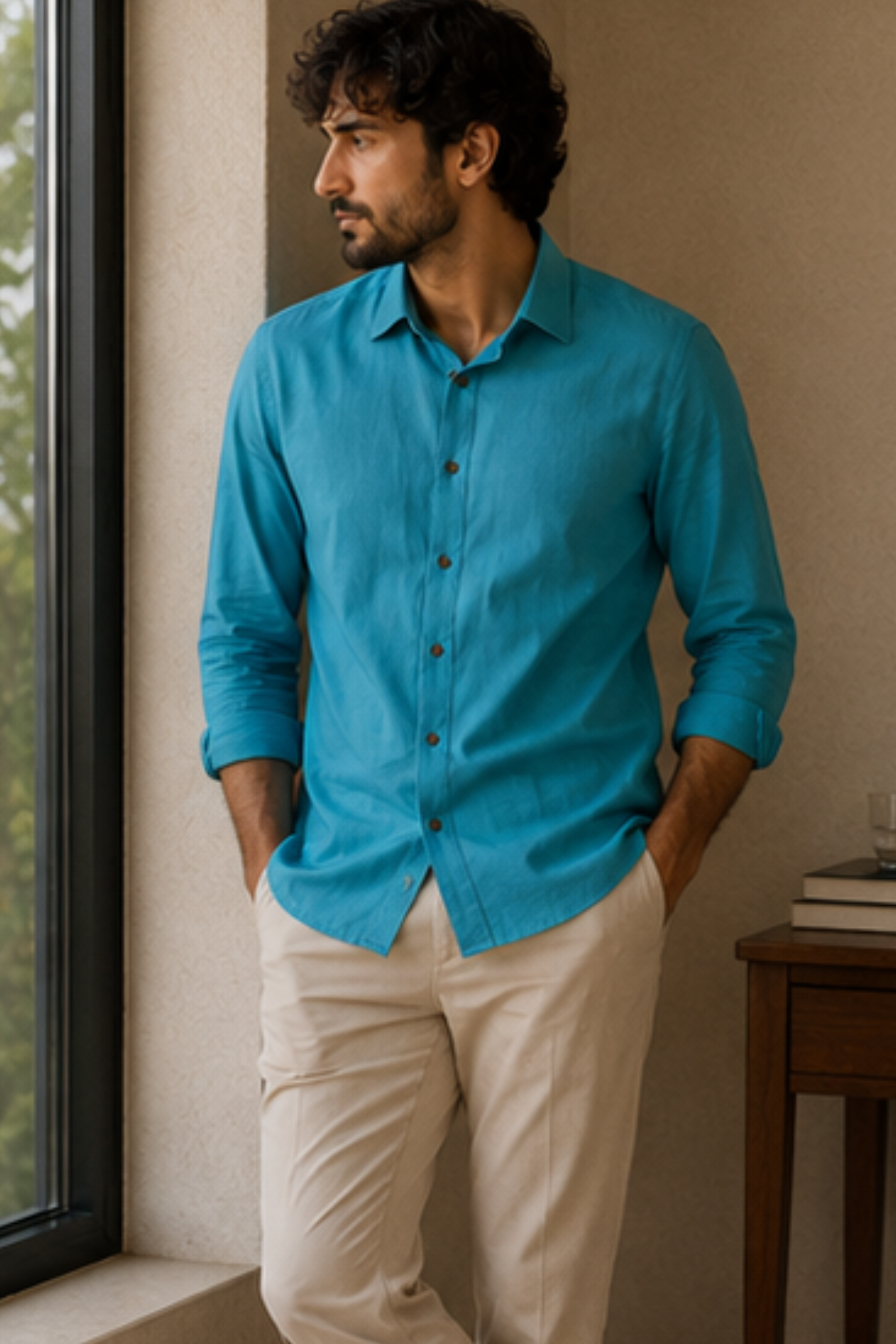 Imperial Aqua Modal Satin Spread Collar Shirt for Men – Full Sleeve Sustainable Shirt