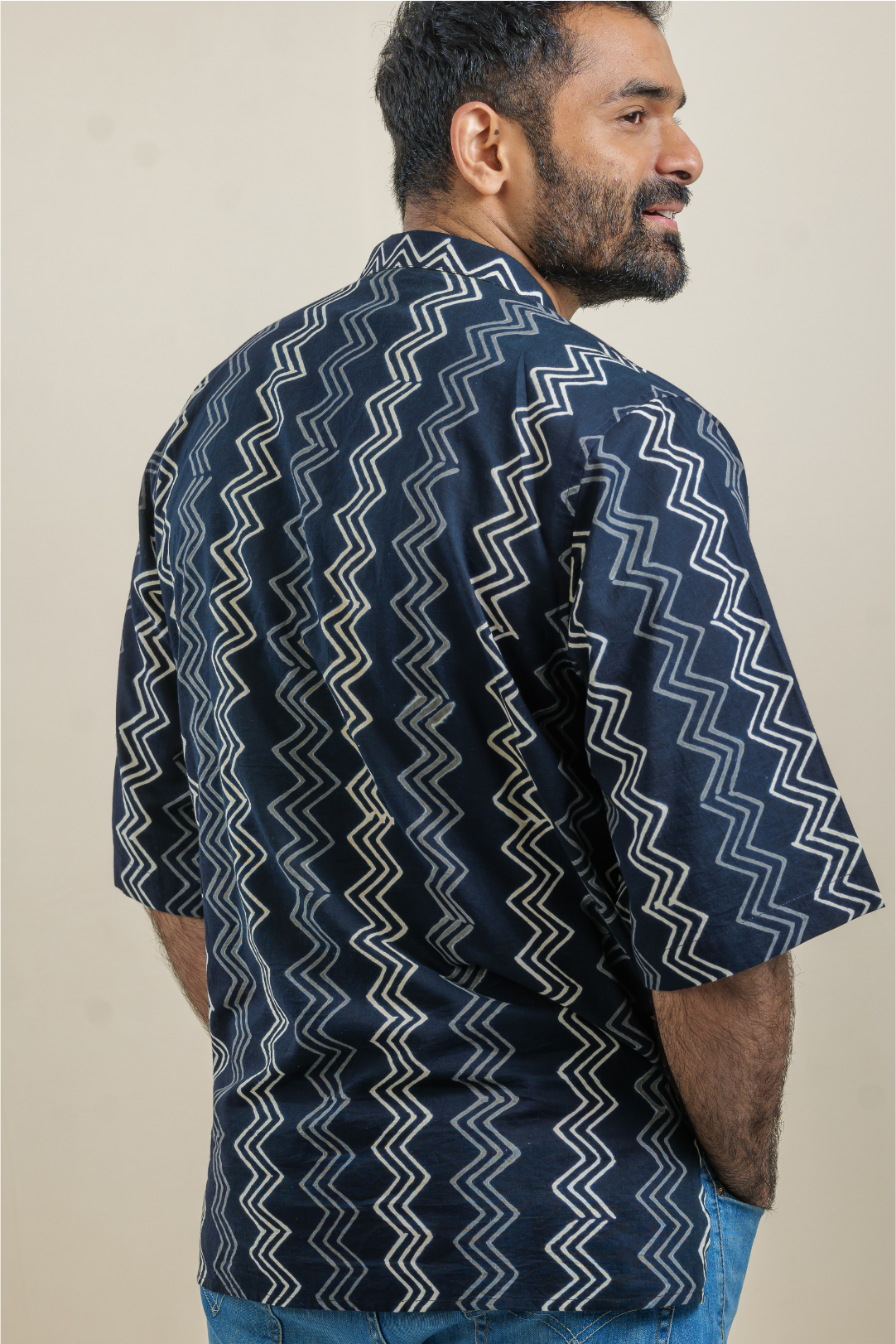 Wave Black Half-Sleeved Cotton Kurta