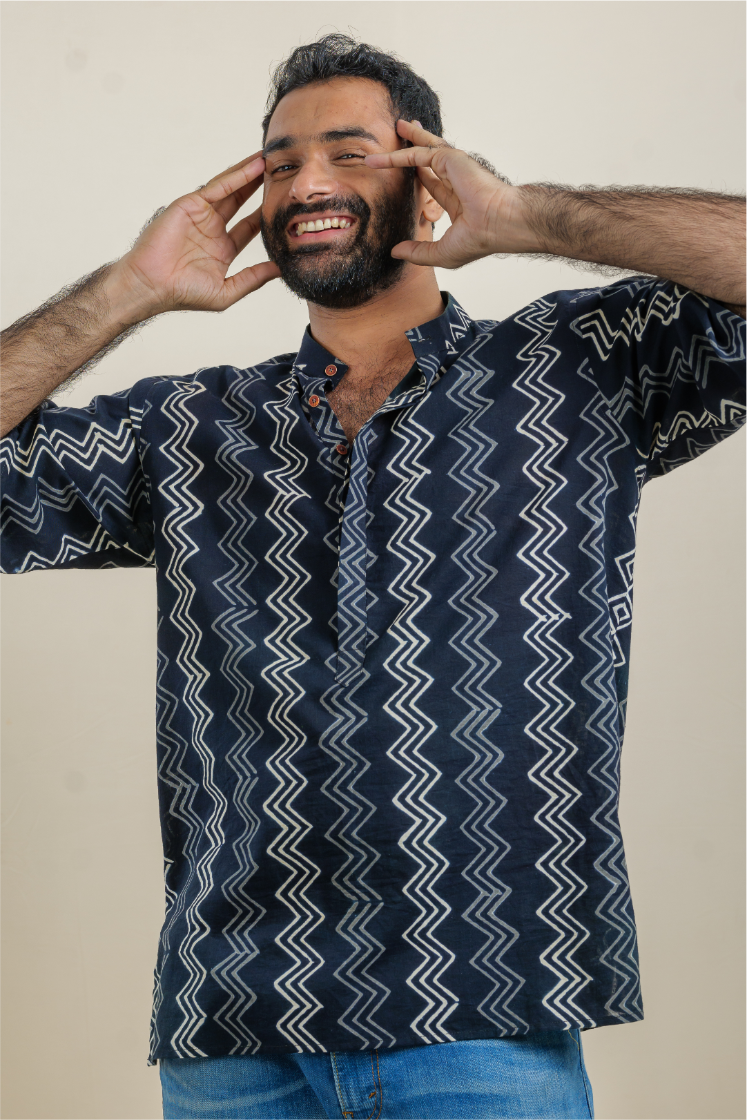 Wave Black Half-Sleeved Cotton Kurta