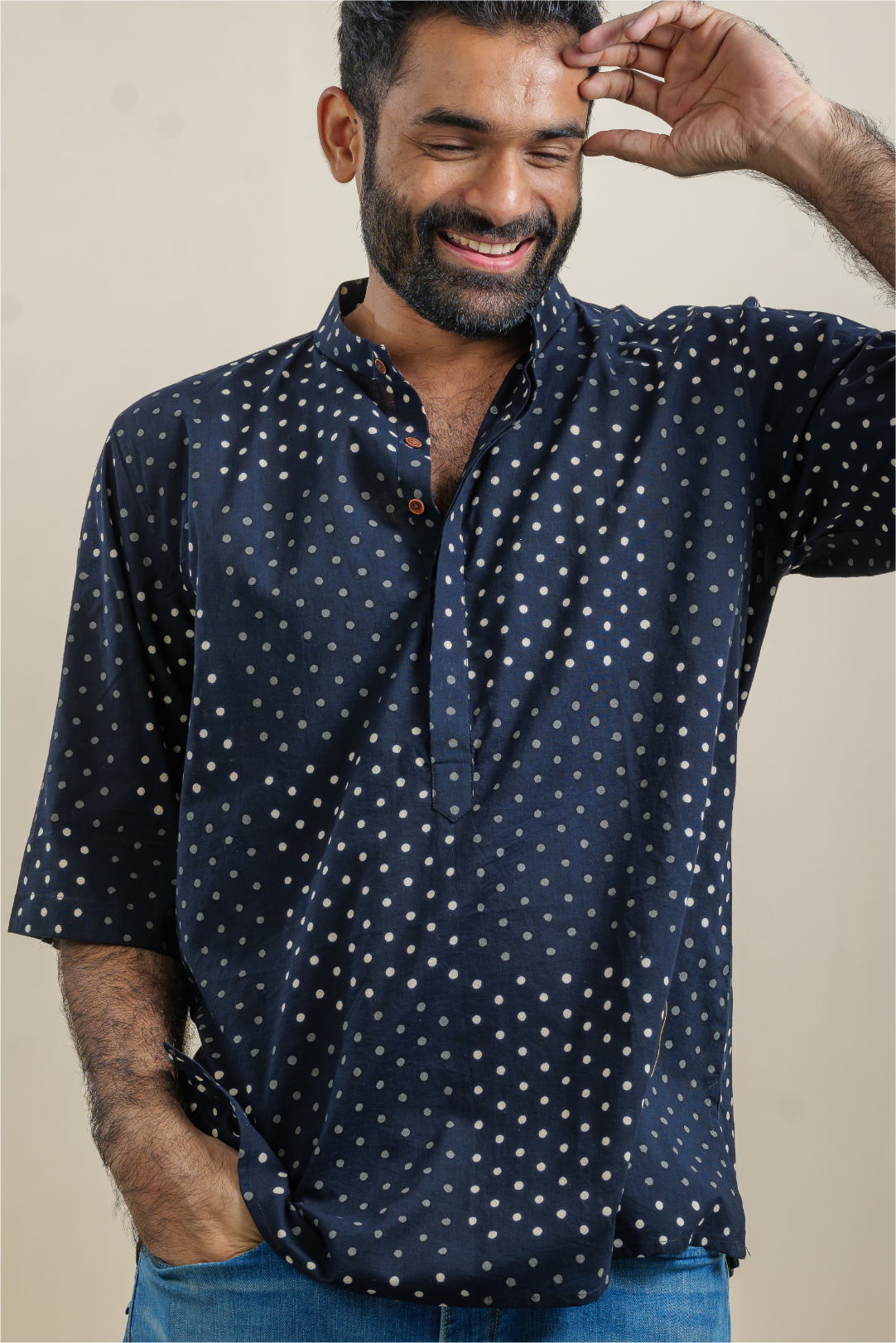 Starry Black Half-Sleeved Cotton Kurta