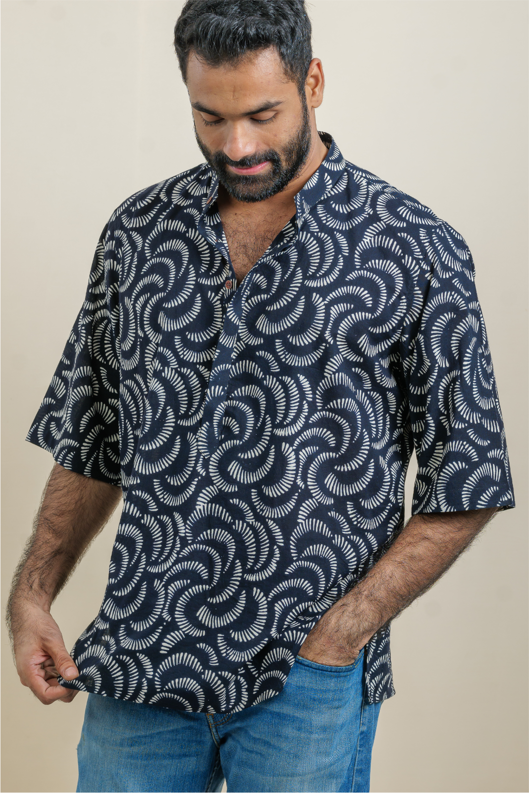 Twilight Black Half-Sleeved Cotton Kurta