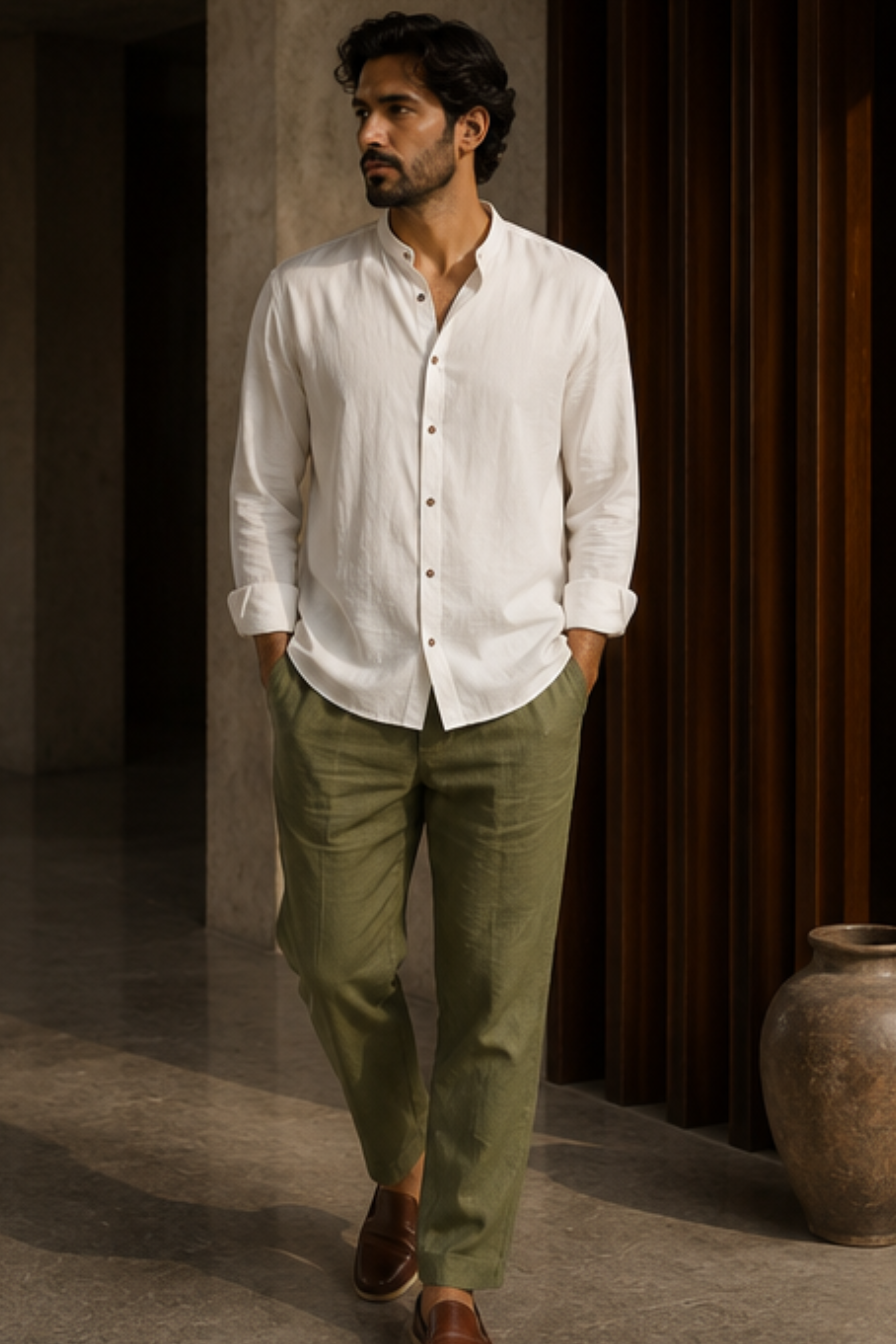 Serene Ayurvedic Cotton Shirt with Chinese Collar – Off White Full Sleeve Cotton Shirt for Men