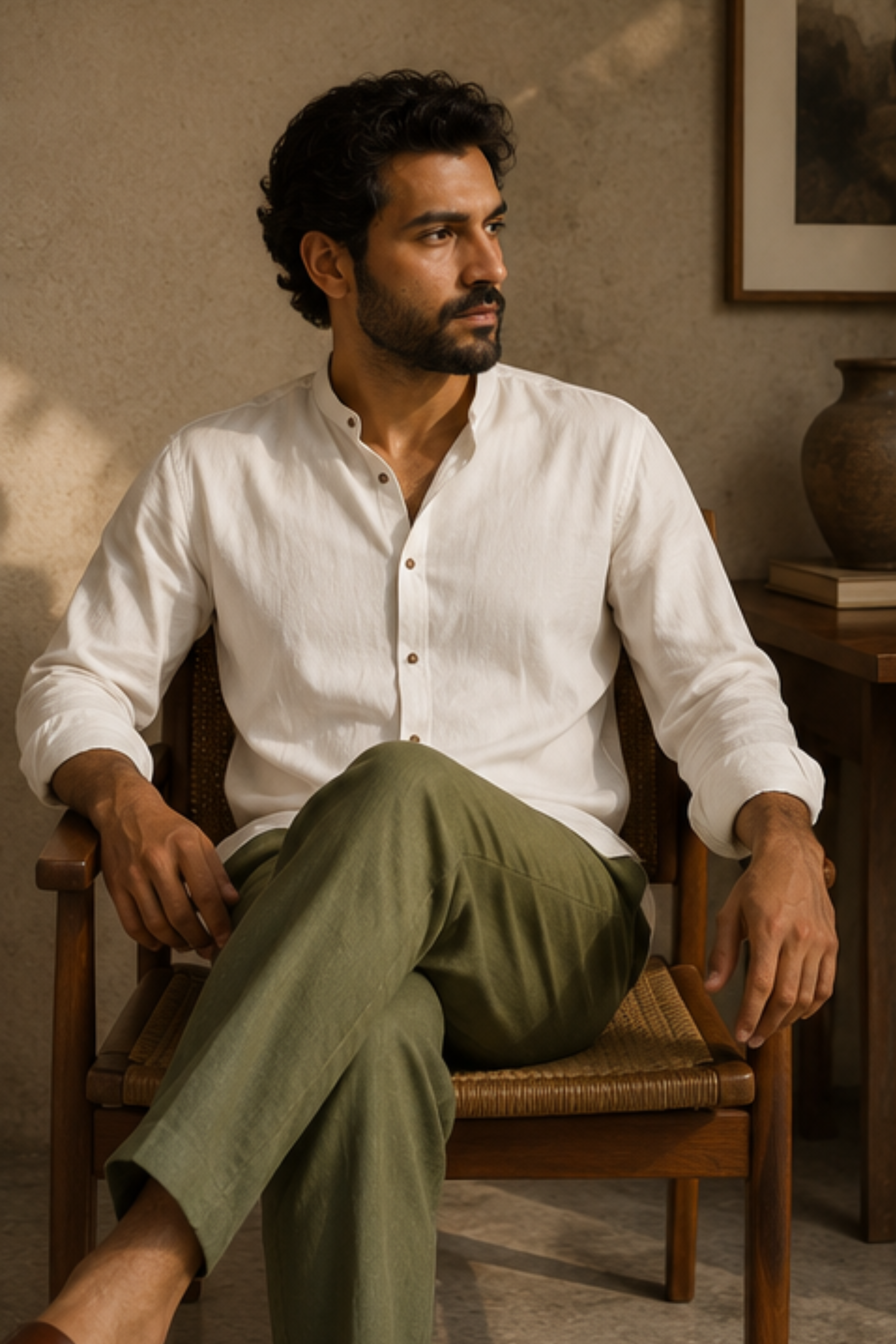 Serene Ayurvedic Cotton Shirt with Chinese Collar – Off White Full Sleeve Cotton Shirt for Men