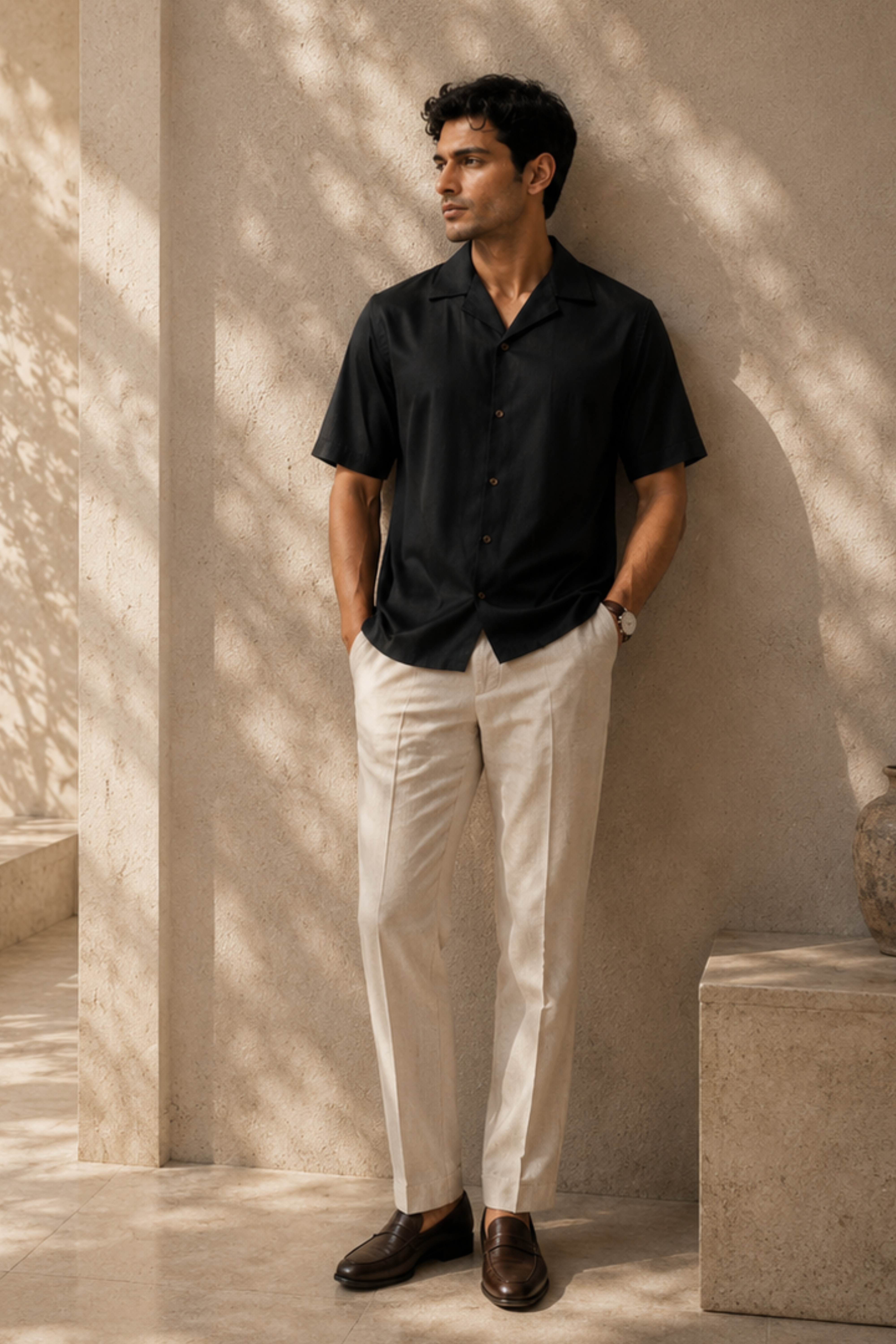 Eclipse Tencel™ Satin Camp Collar Shirt – Jet Black Half Sleeve Shirt for Men