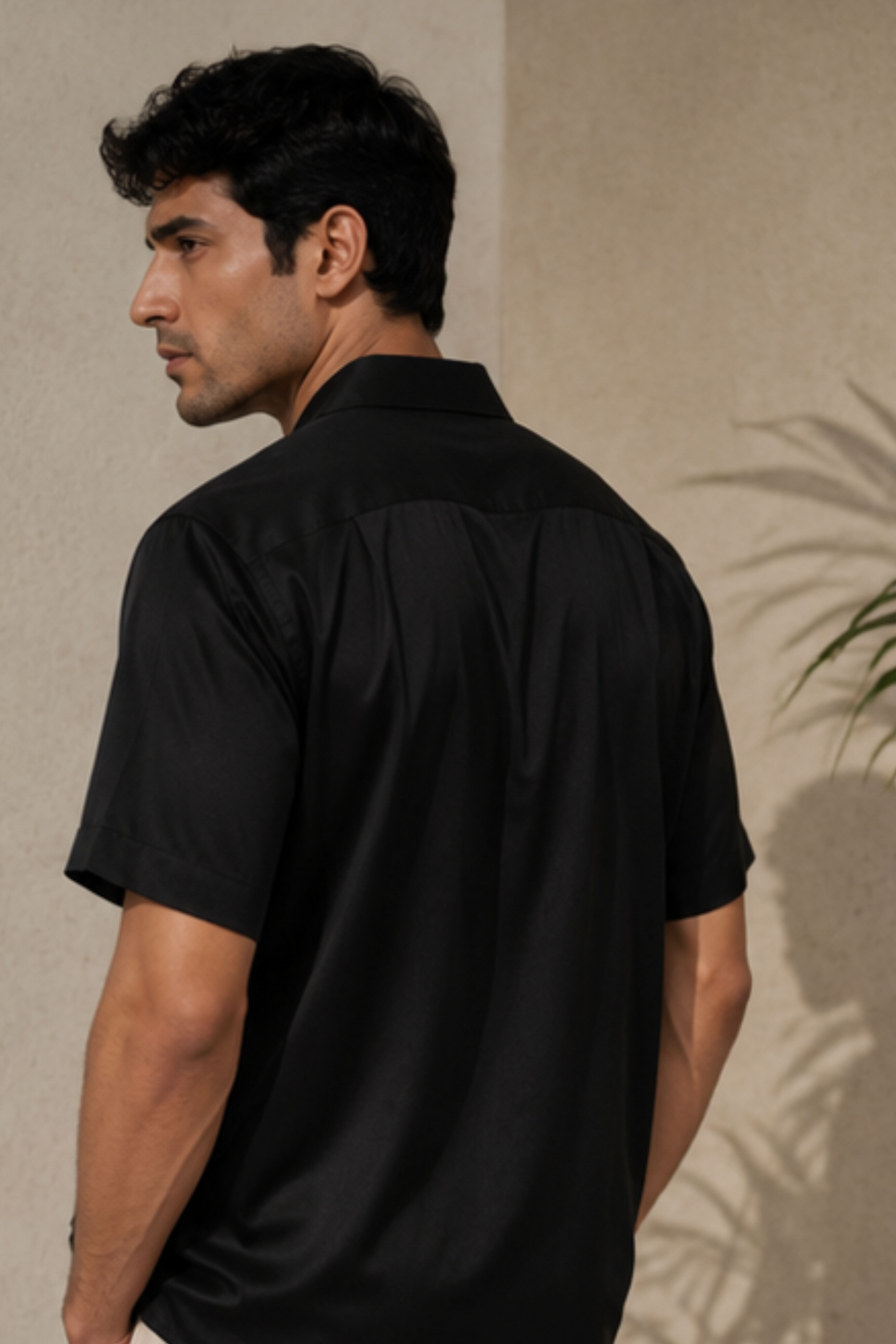 Eclipse Tencel™ Satin Camp Collar Shirt – Jet Black Half Sleeve Shirt for Men