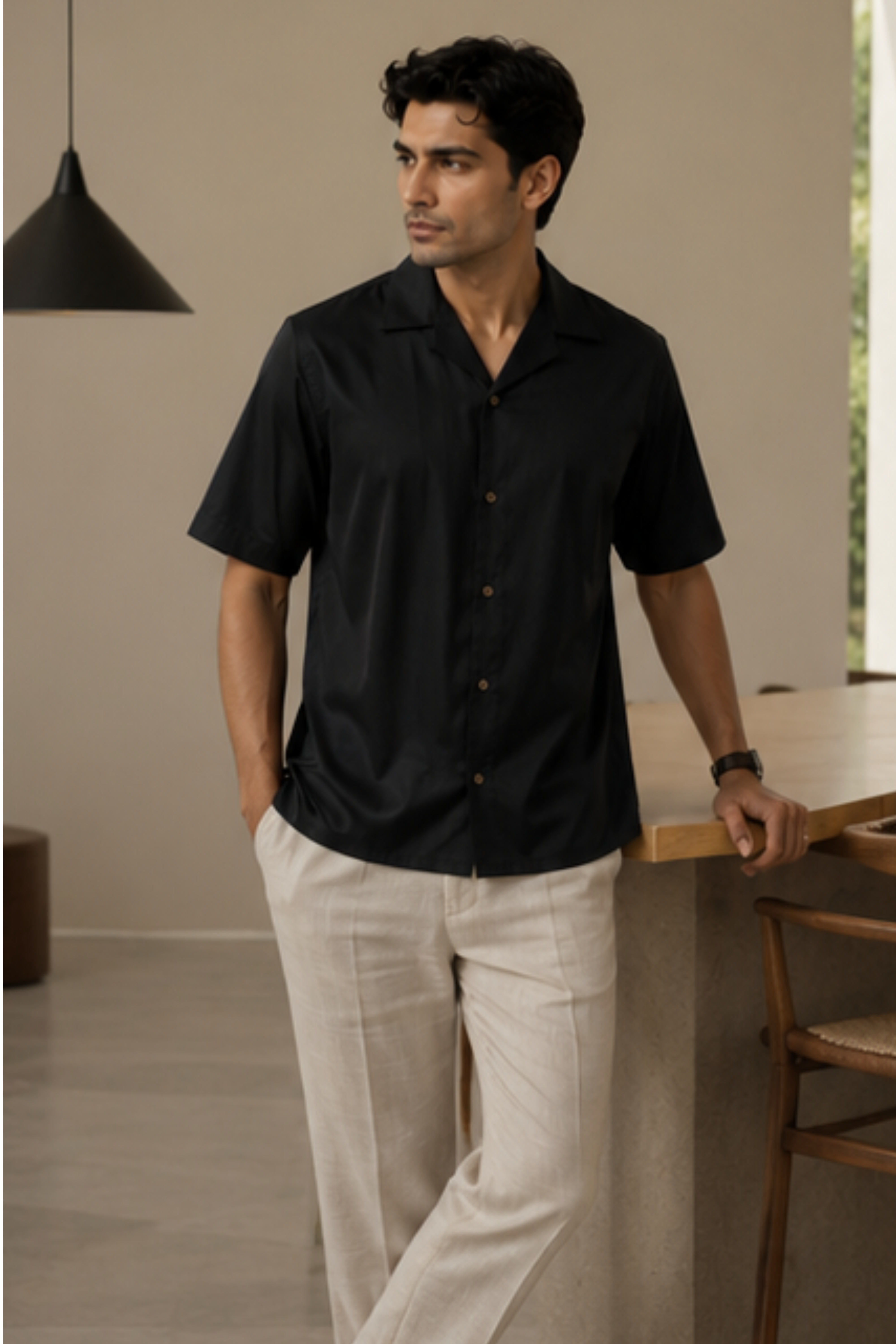 Eclipse Tencel™ Satin Camp Collar Shirt – Jet Black Half Sleeve Shirt for Men