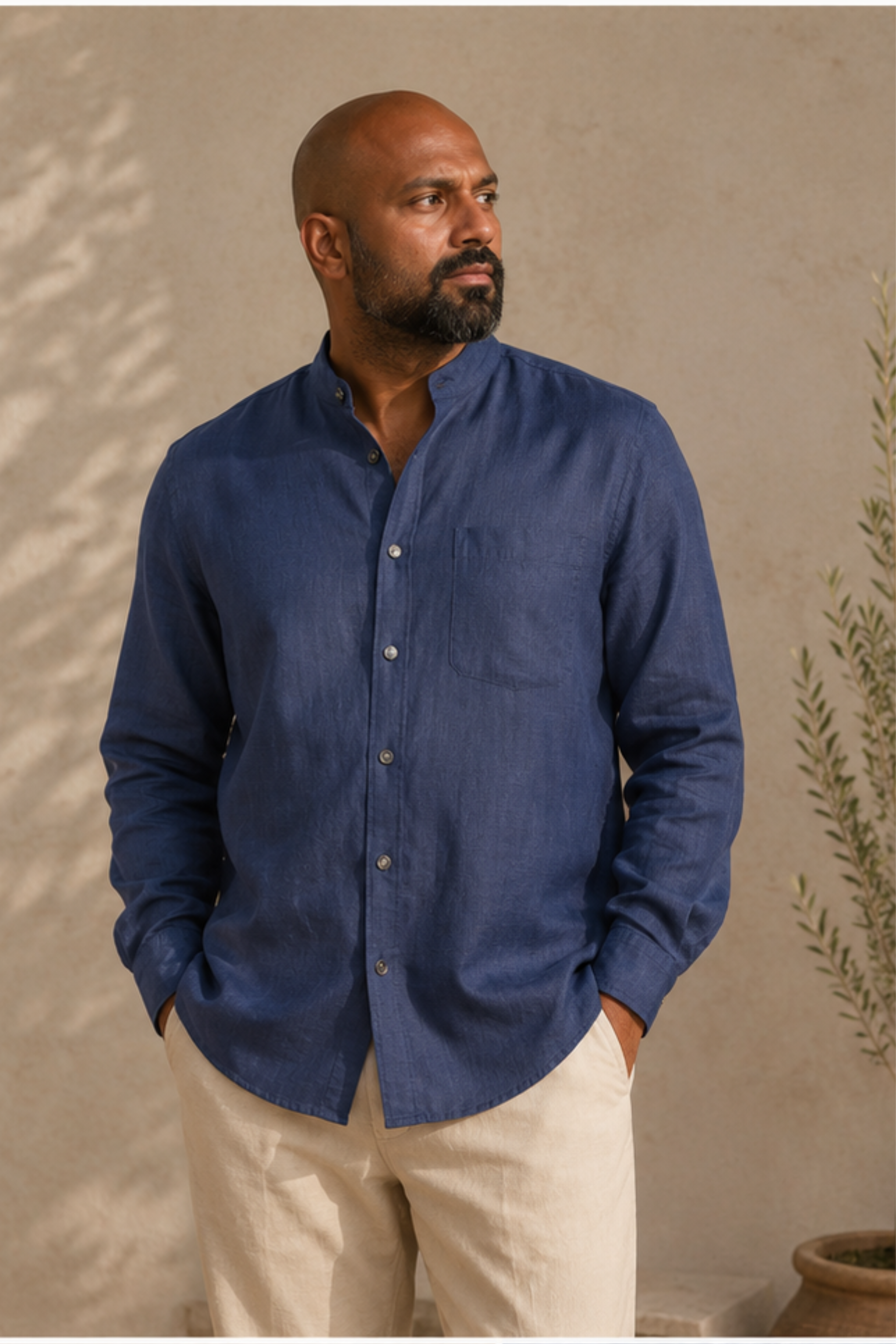 Midnight Blue Harmony Hemp Shirt with Chinese Collar – Full Sleeve Shirt for Men