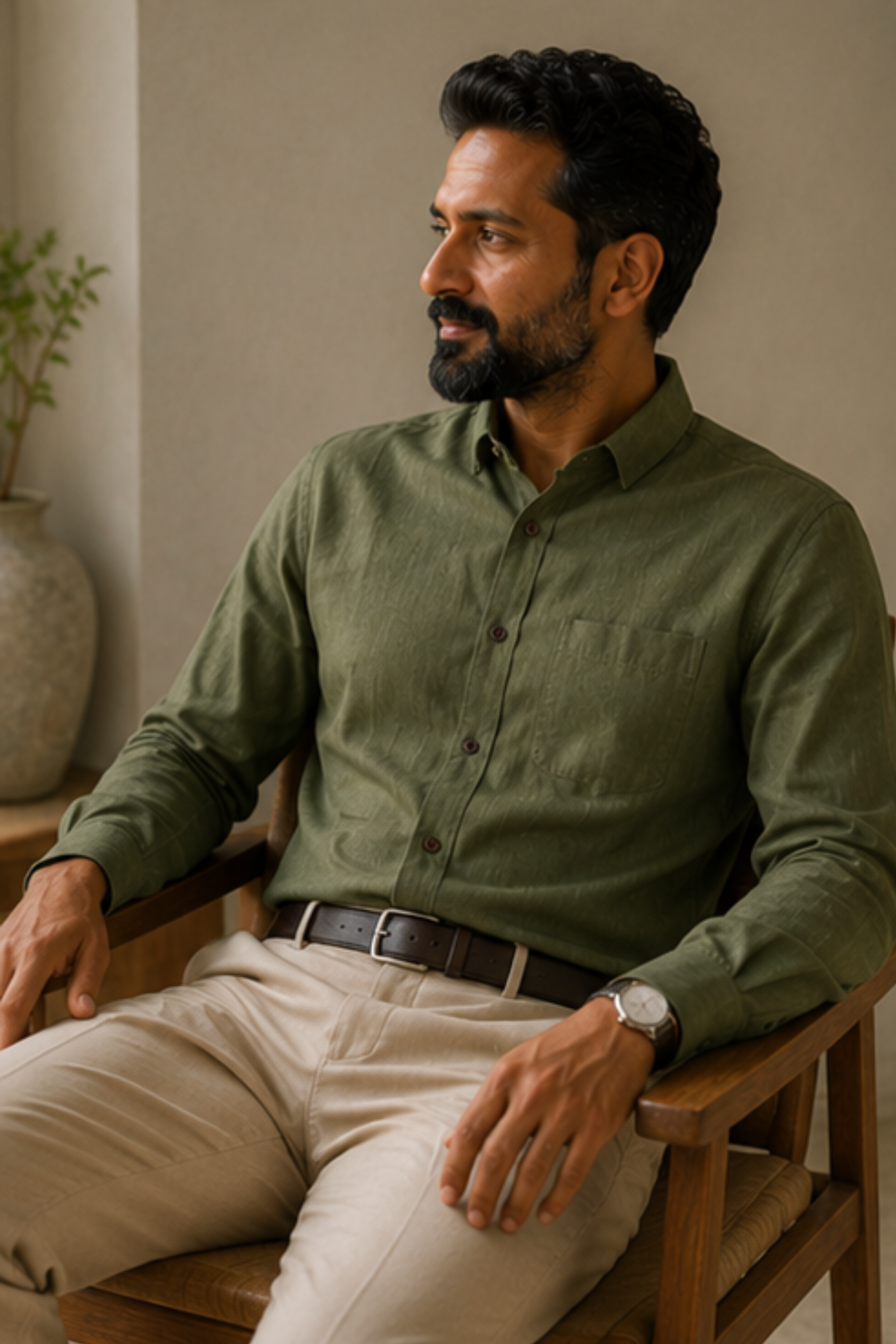 Harmony Olive Branch Hemp Shirt with Spread Collar – Premium Full Sleeve Shirt for Men