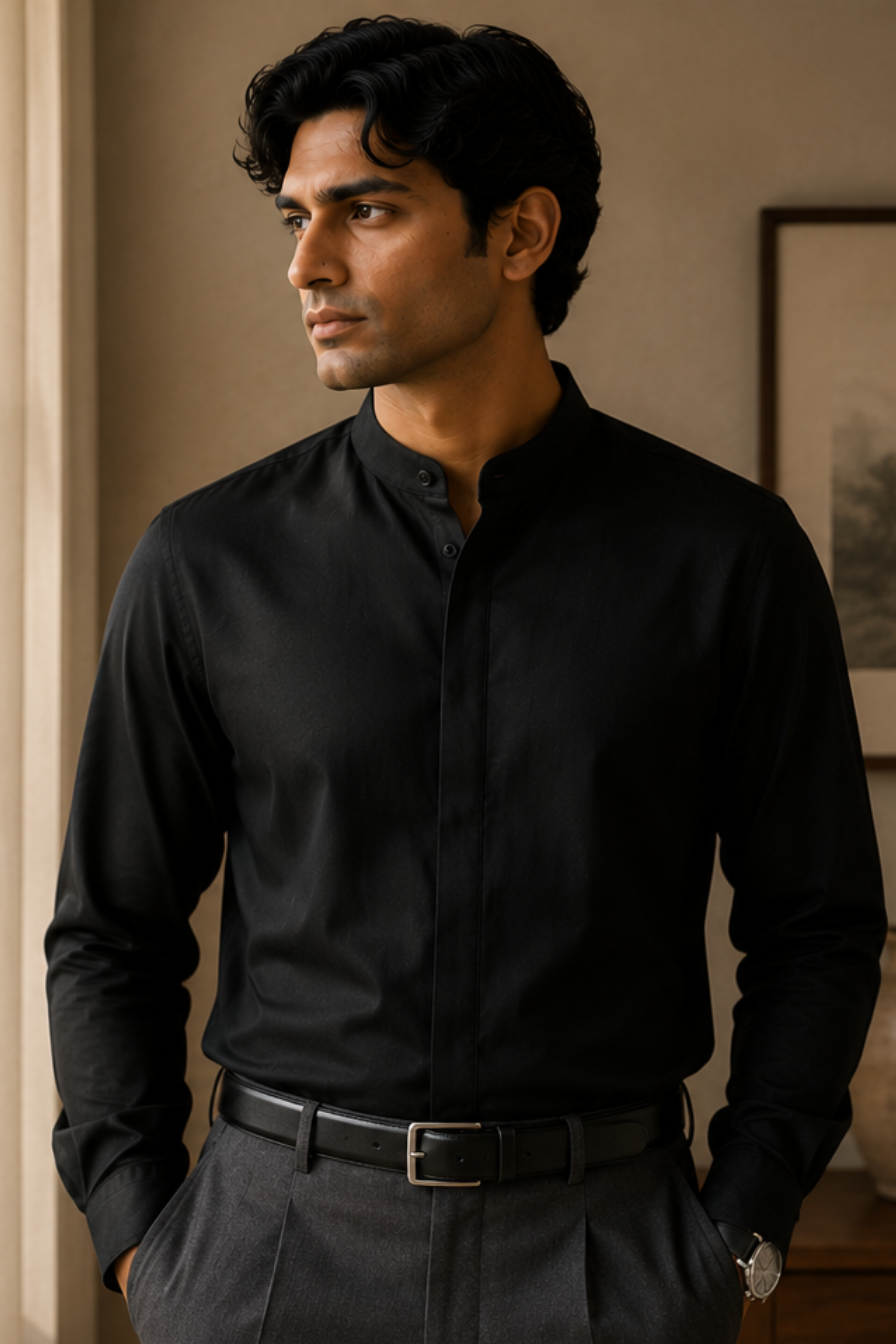 Imperial Charcoal Black Modal Satin Chinese Collar Shirt for Men – Full Sleeve Sustainable Shirt