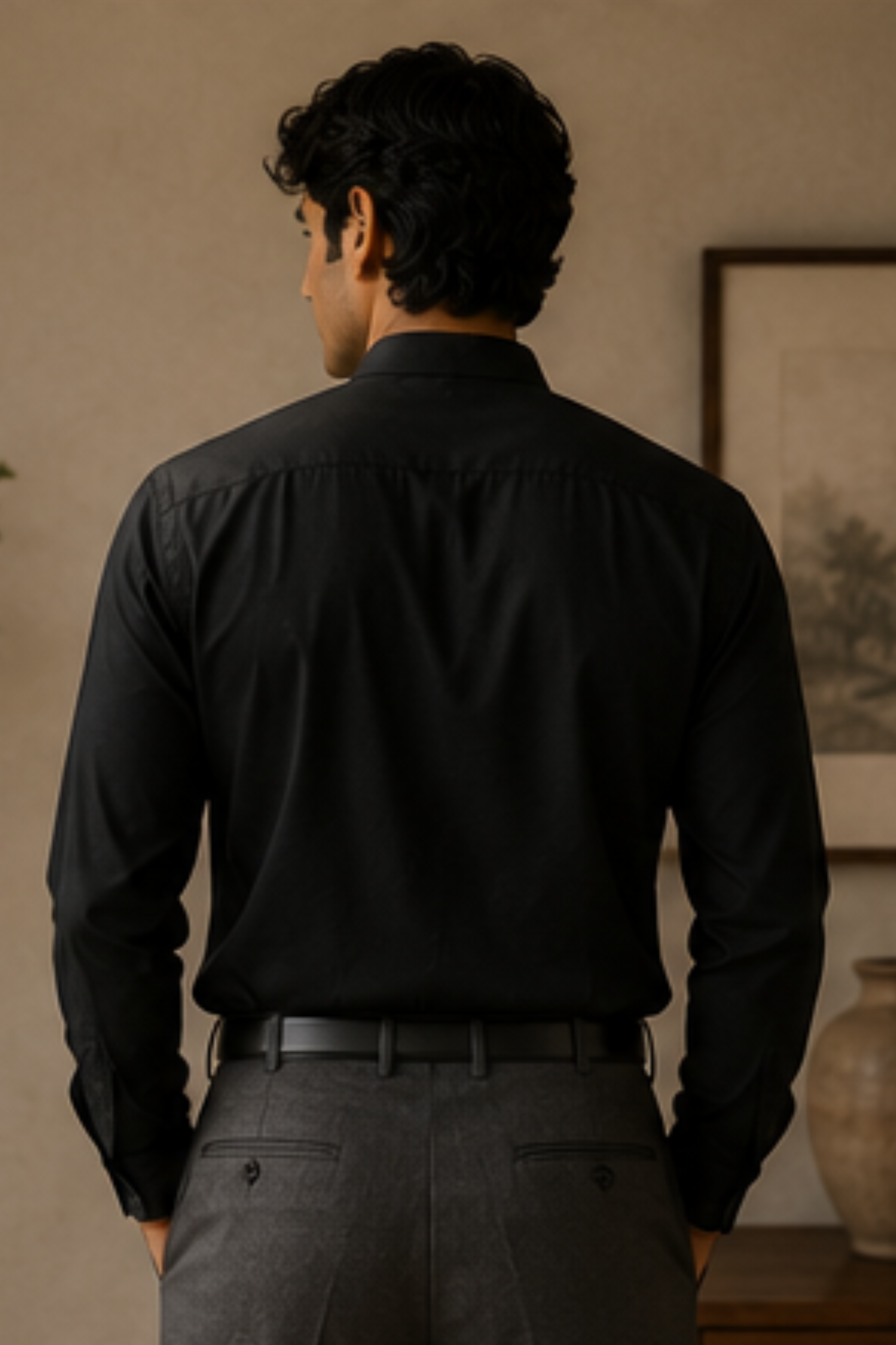 Imperial Charcoal Black Modal Satin Chinese Collar Shirt for Men – Full Sleeve Sustainable Shirt