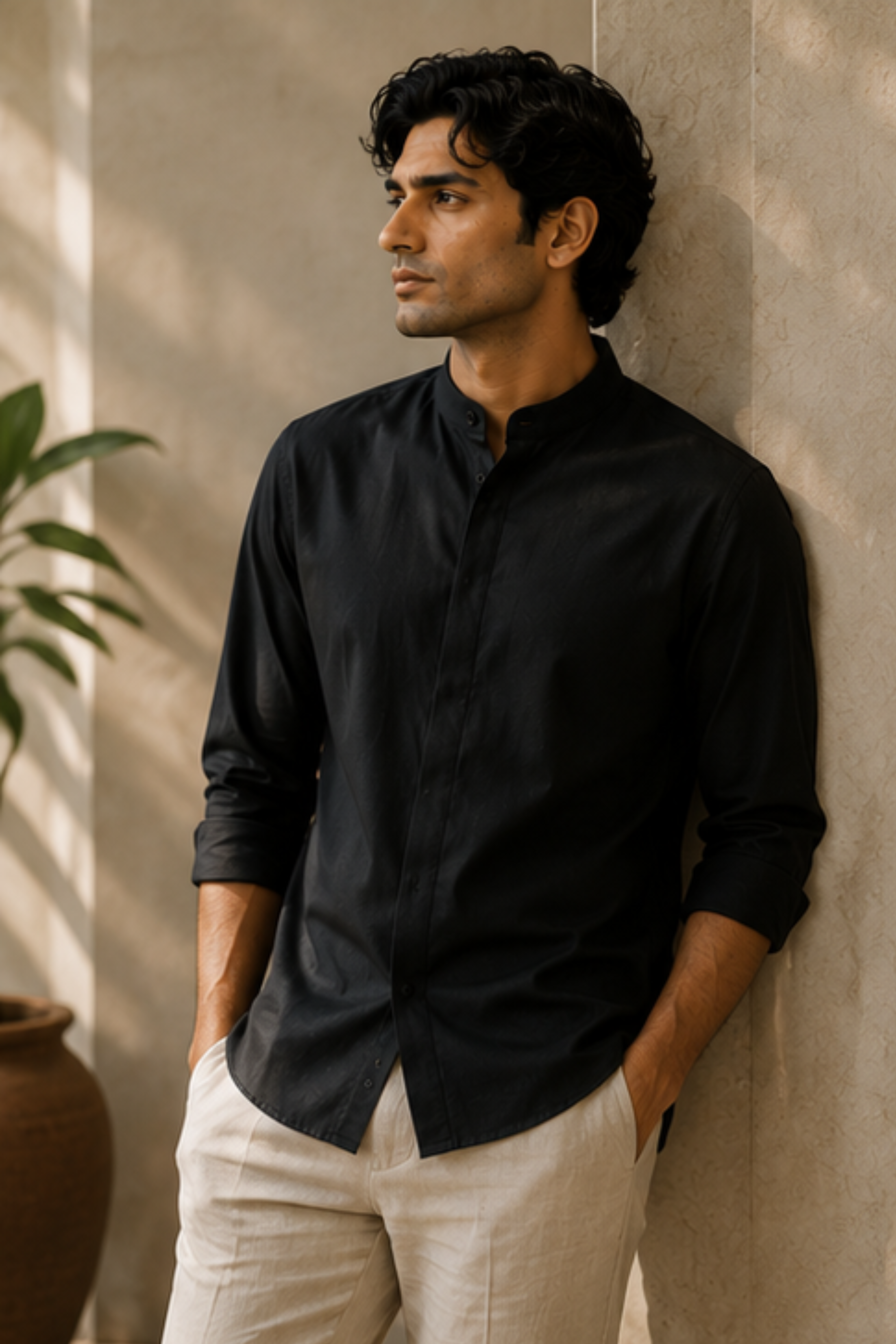 Imperial Charcoal Black Modal Satin Chinese Collar Shirt for Men – Full Sleeve Sustainable Shirt