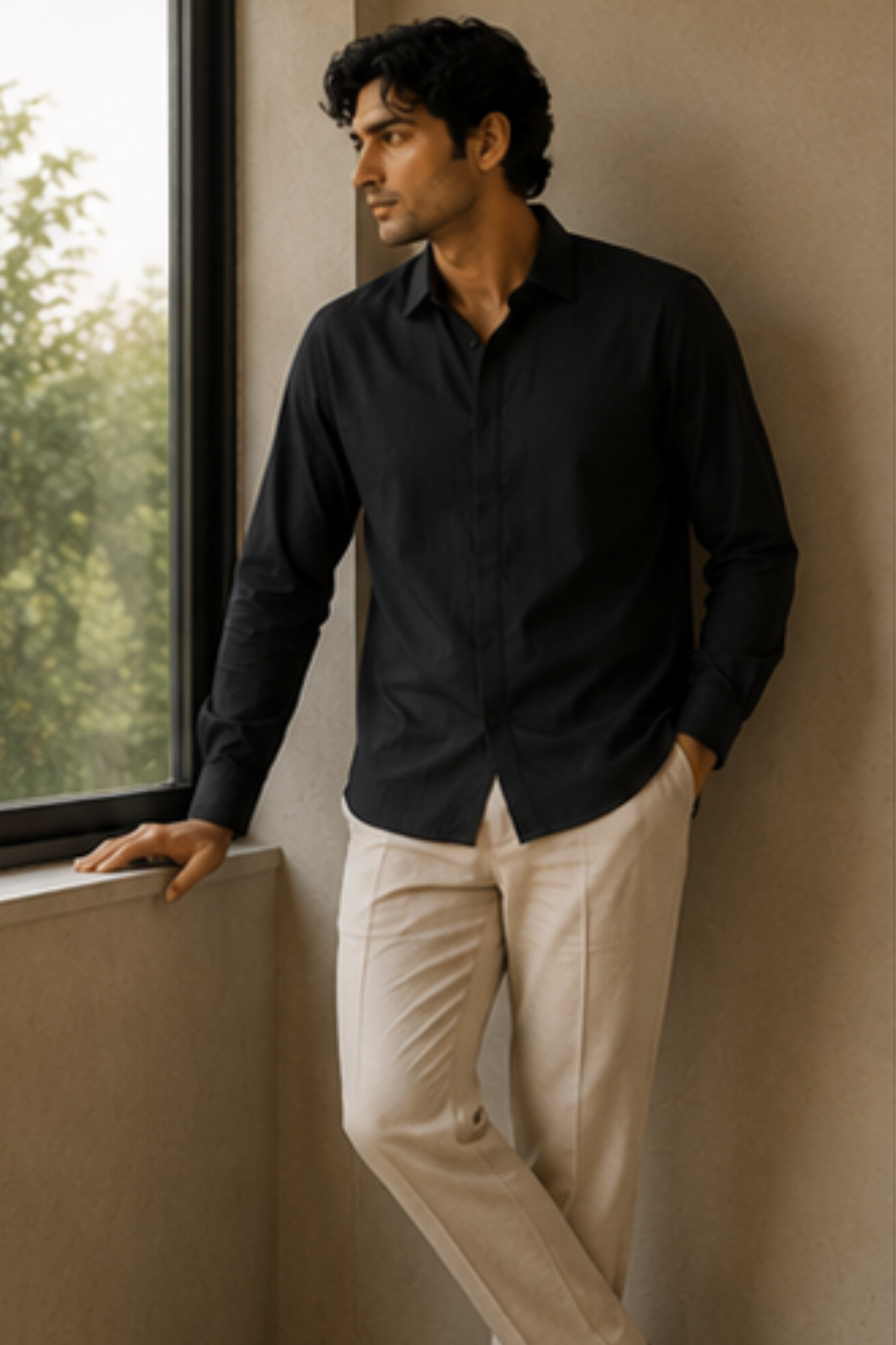 Imperial Charcoal Black Modal Satin Spread Collar Shirt for Men – Full Sleeve Sustainable Shirt
