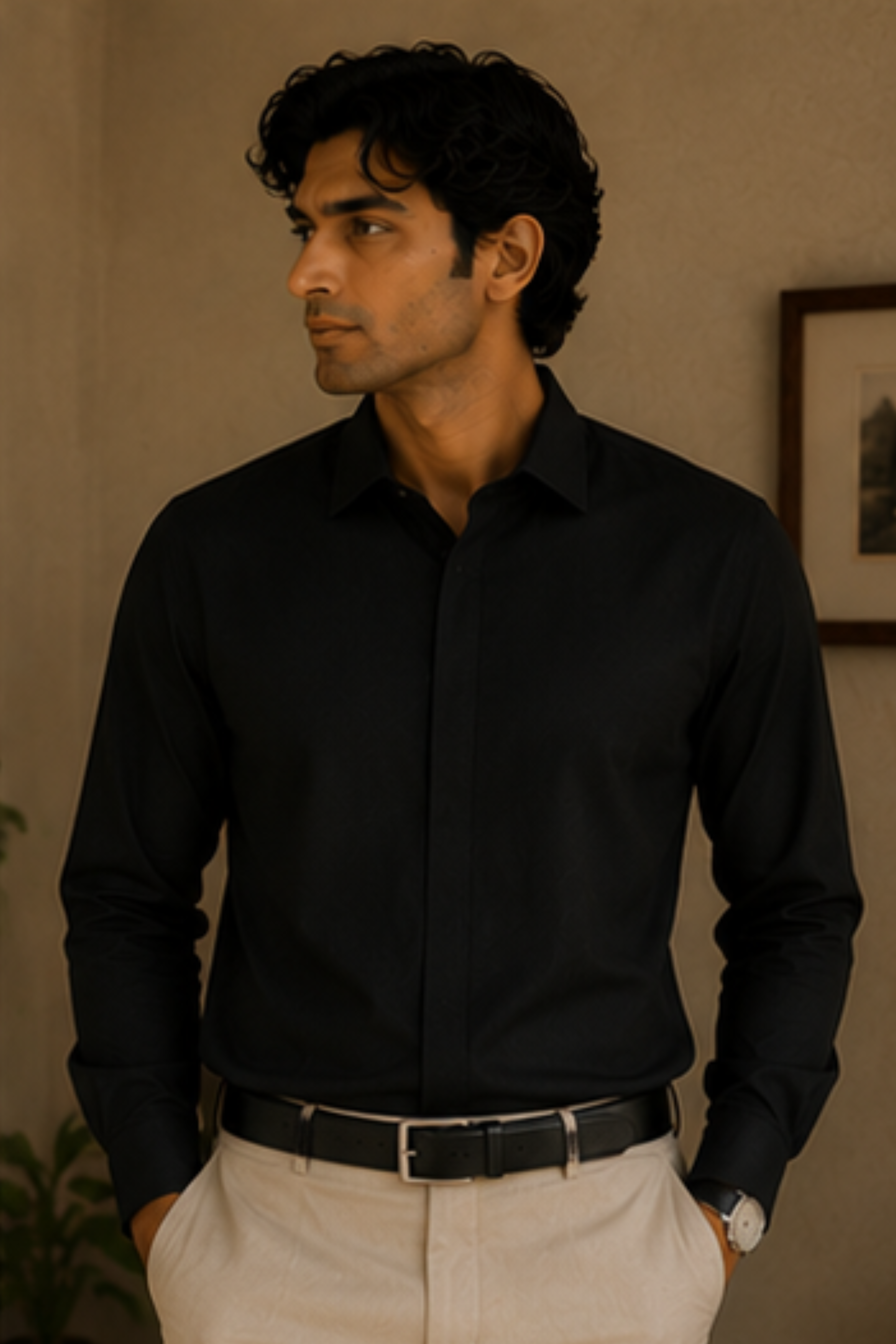 Imperial Charcoal Black Modal Satin Spread Collar Shirt for Men – Full Sleeve Sustainable Shirt