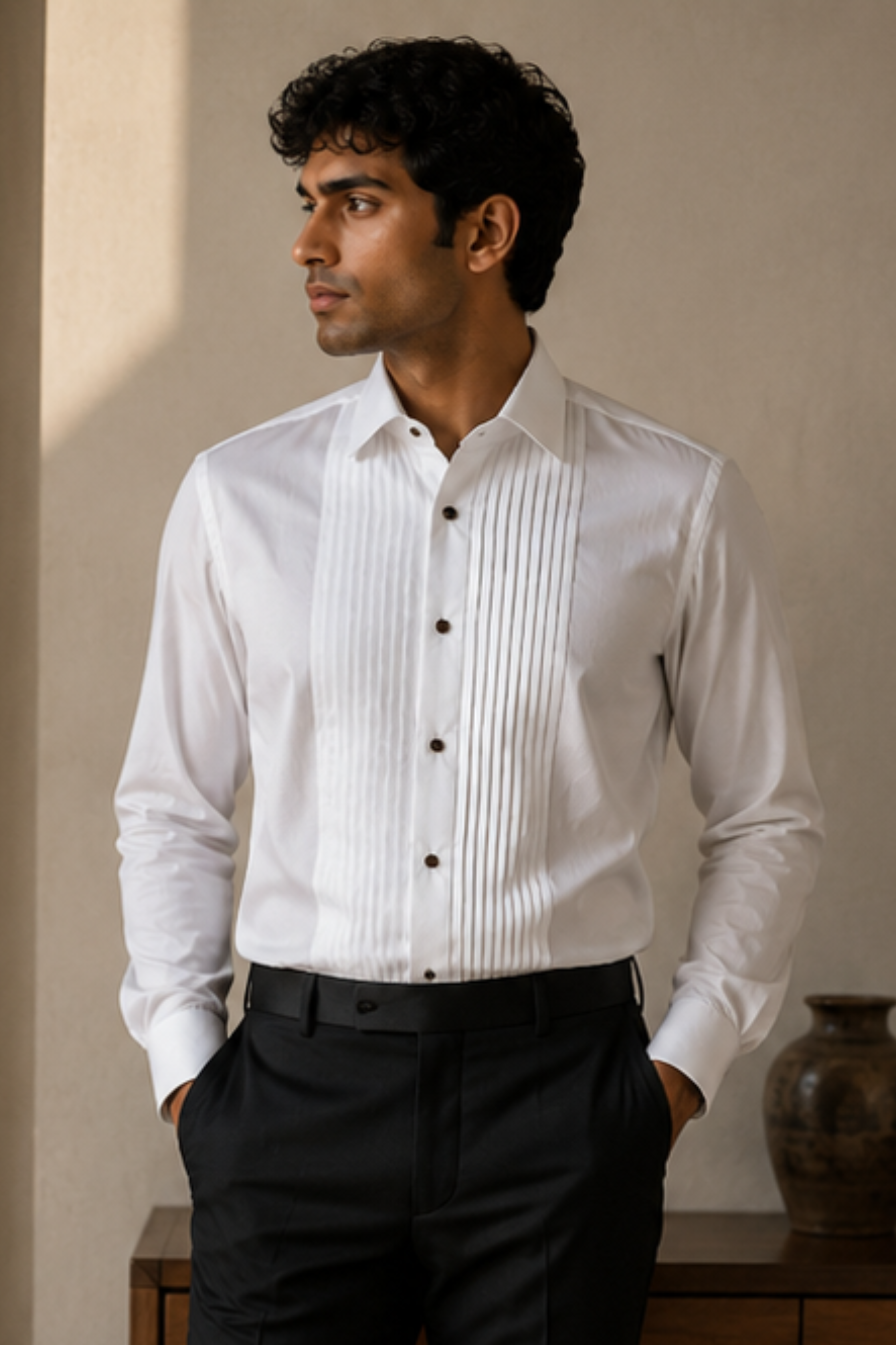 Noir Tencel™ Satin Tuxedo Shirt – Optic White Full Sleeve Shirt for Men