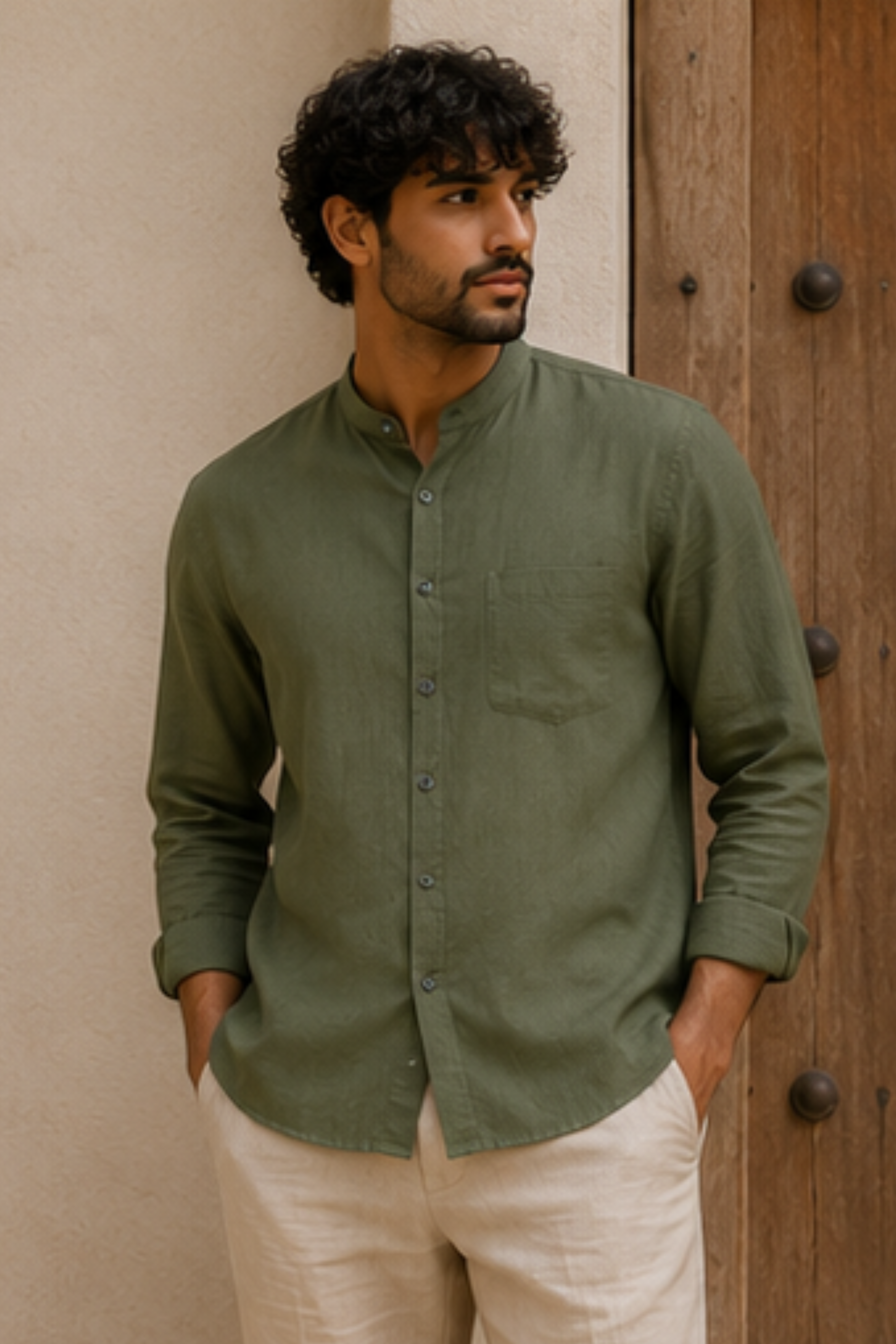 Harmony Olive Branch Hemp Shirt with Chinese Collar – Premium Full Sleeve Shirt for Men