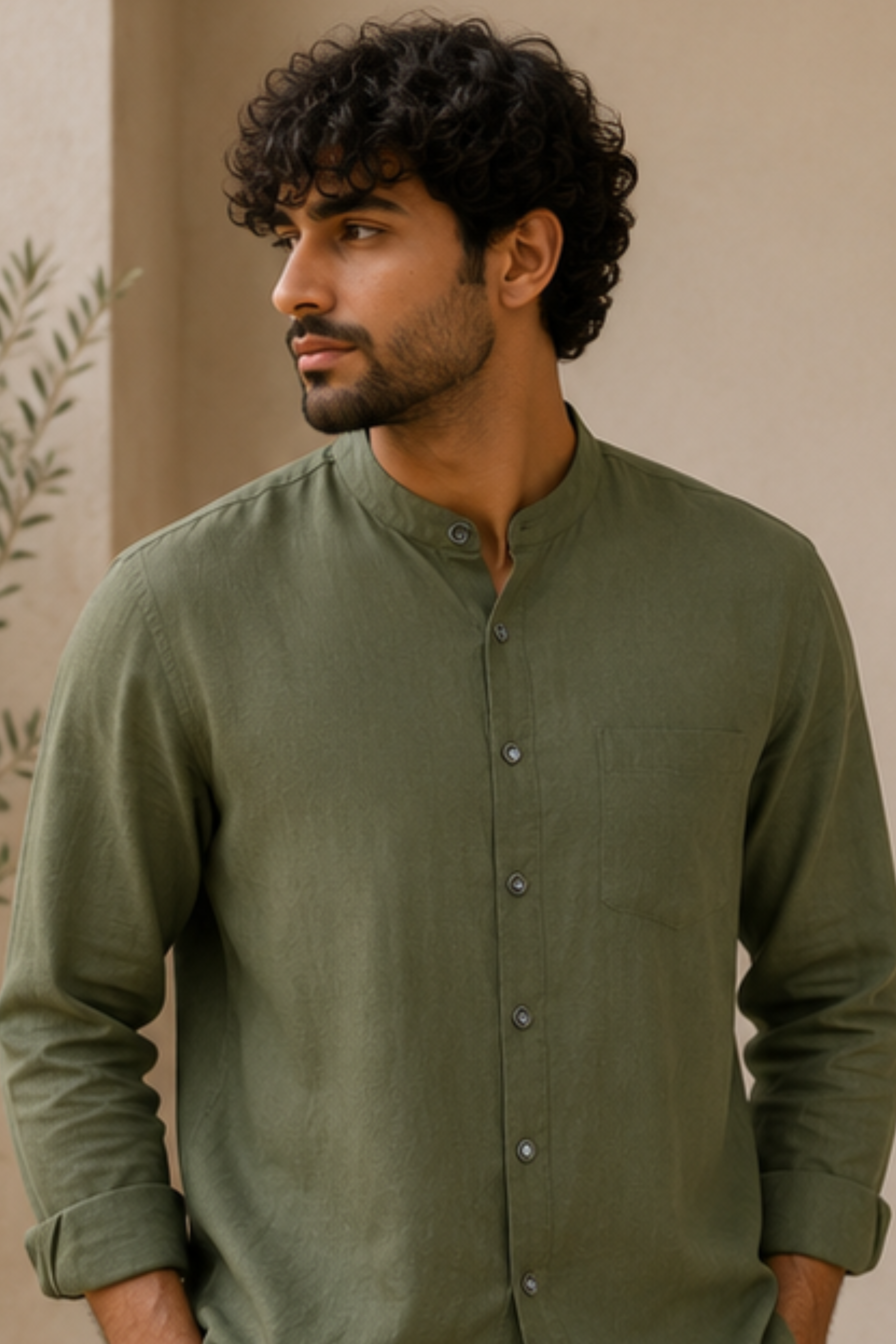 Harmony Olive Branch Hemp Shirt with Chinese Collar – Premium Full Sleeve Shirt for Men