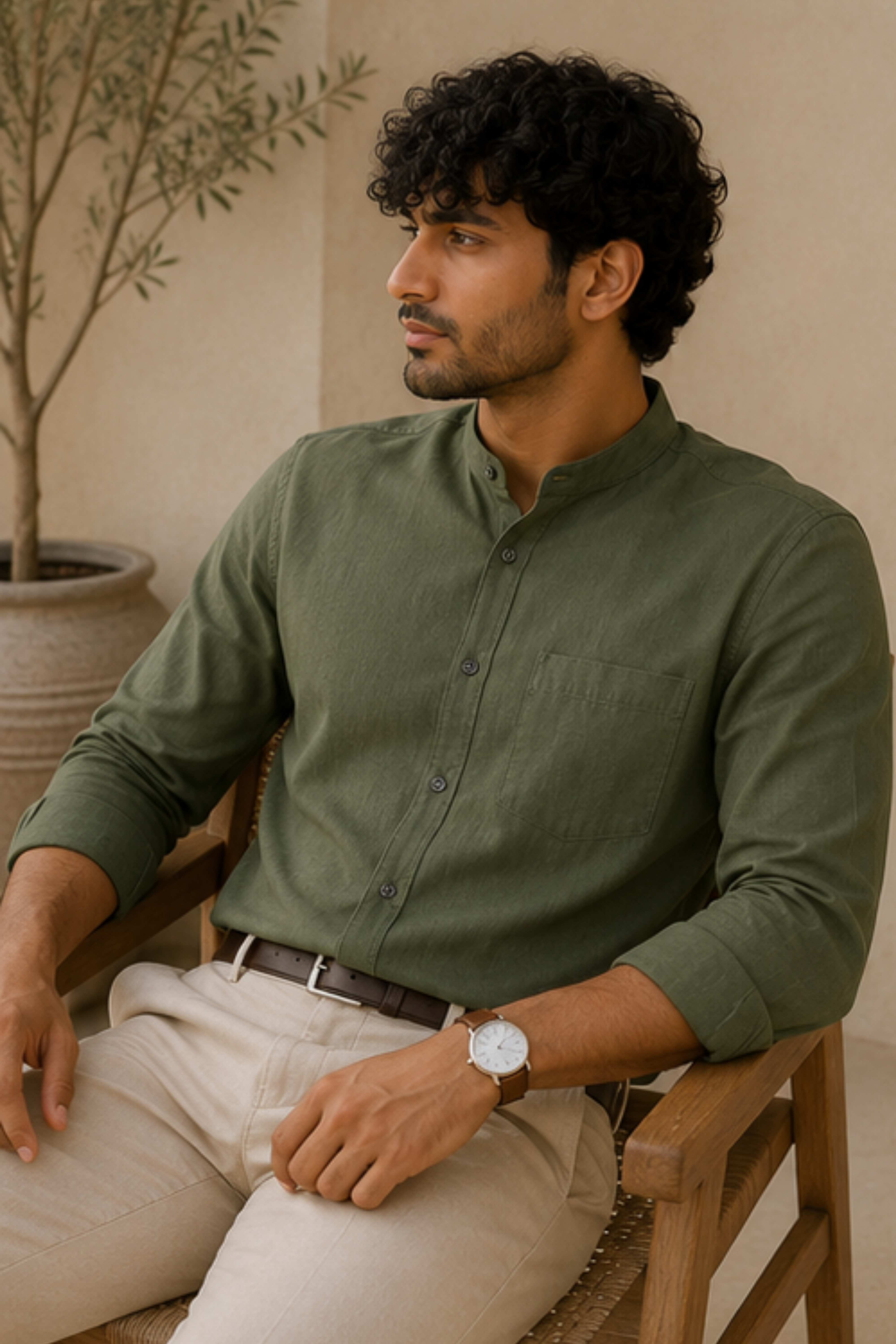 Harmony Olive Branch Hemp Shirt with Chinese Collar – Premium Full Sleeve Shirt for Men