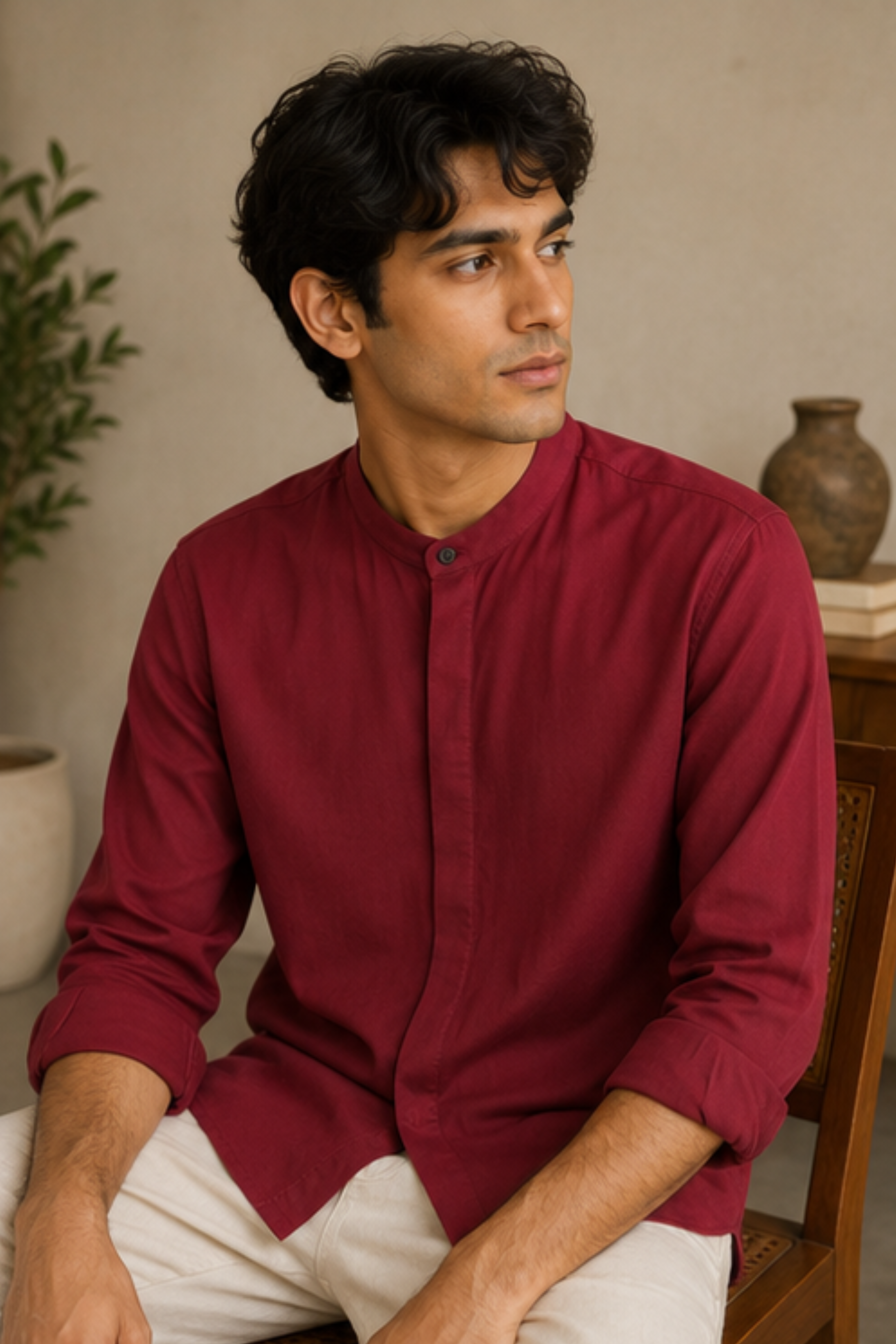 Imperial Royal Maroon Modal Satin Chinese Collar Shirt for Men – Full Sleeve Sustainable Shirt