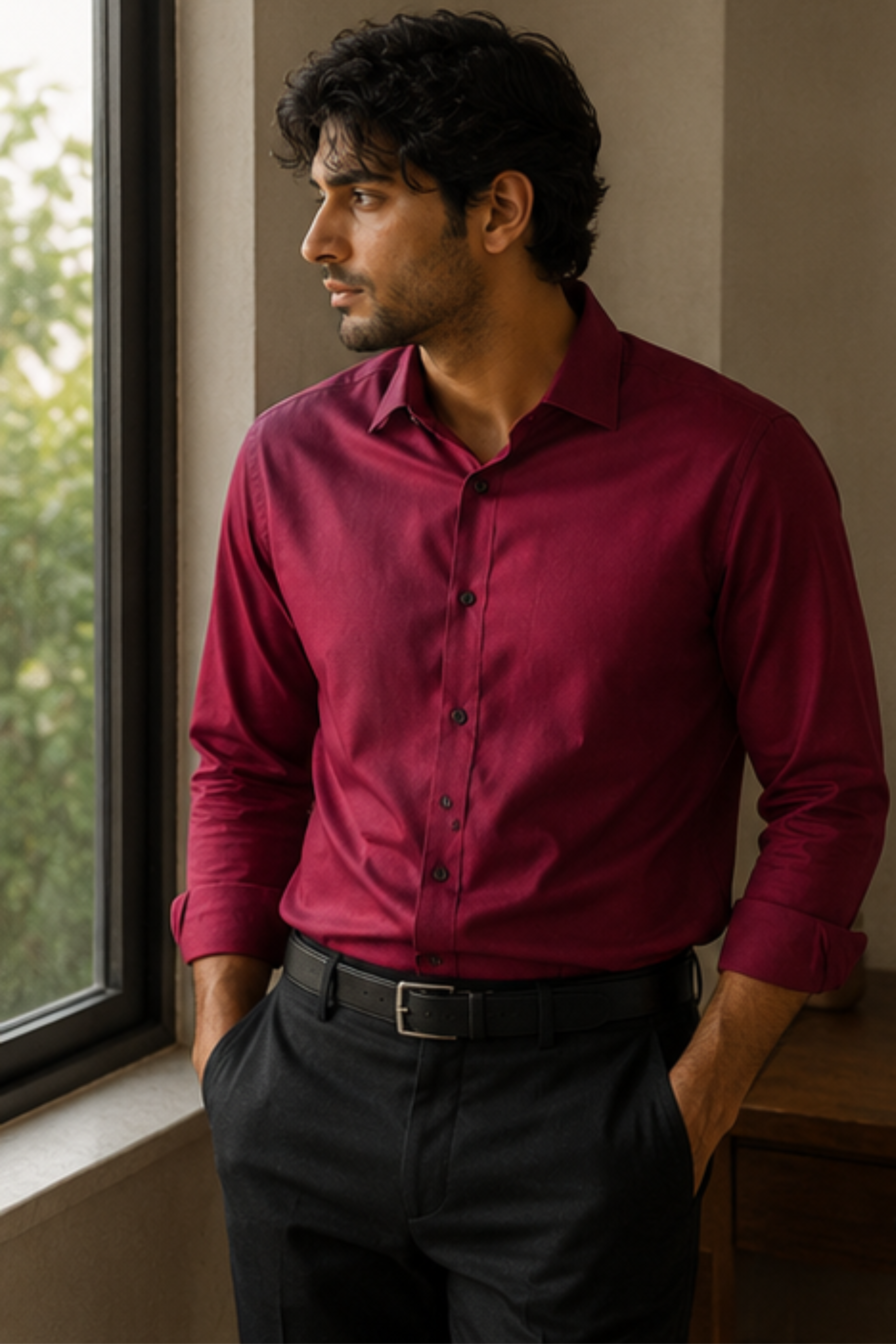 Imperial Royal Maroon Modal Satin Spread Collar Shirt for Men – Full Sleeve Sustainable Shirt