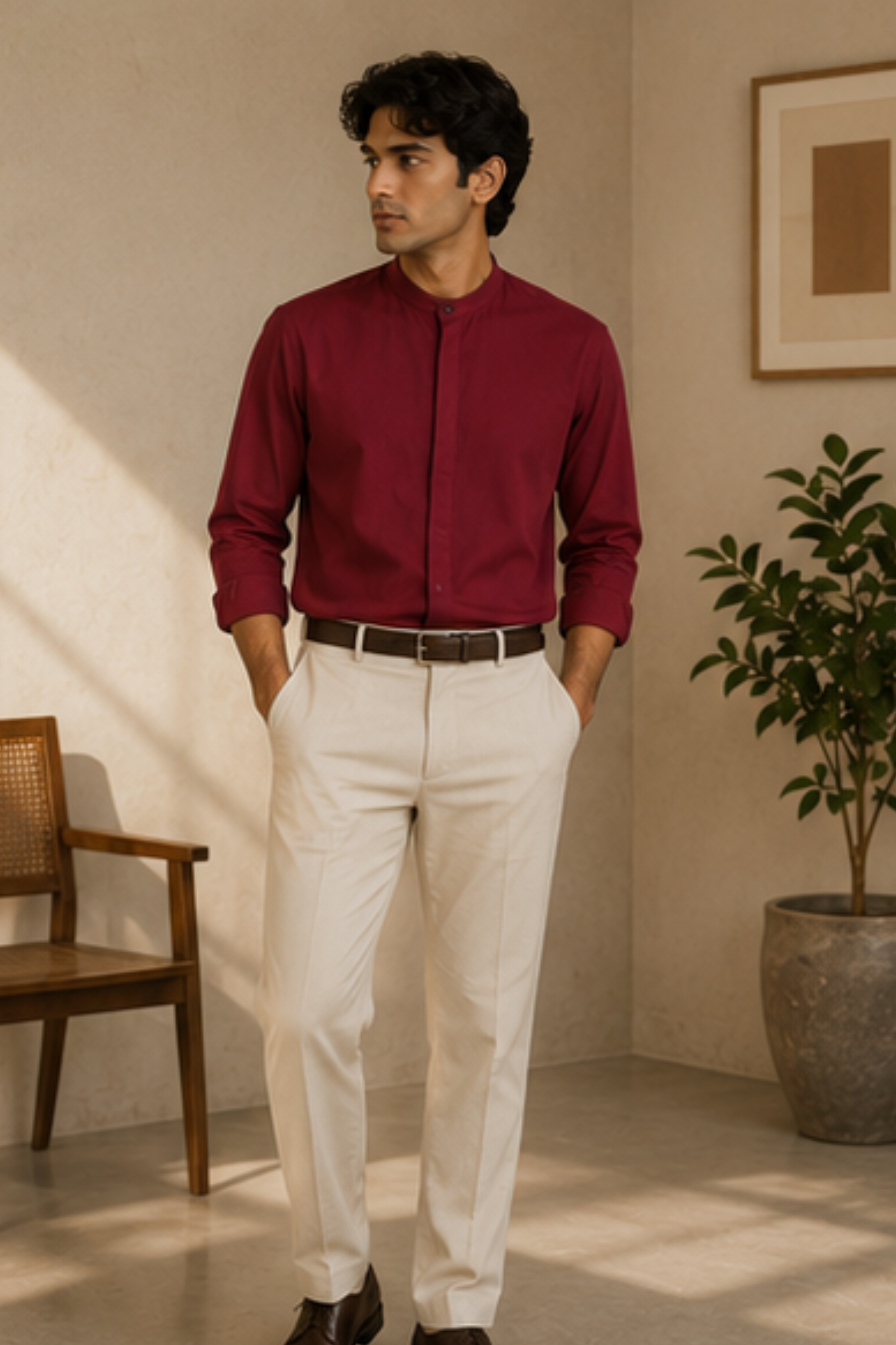 Imperial Royal Maroon Modal Satin Chinese Collar Shirt for Men – Full Sleeve Sustainable Shirt