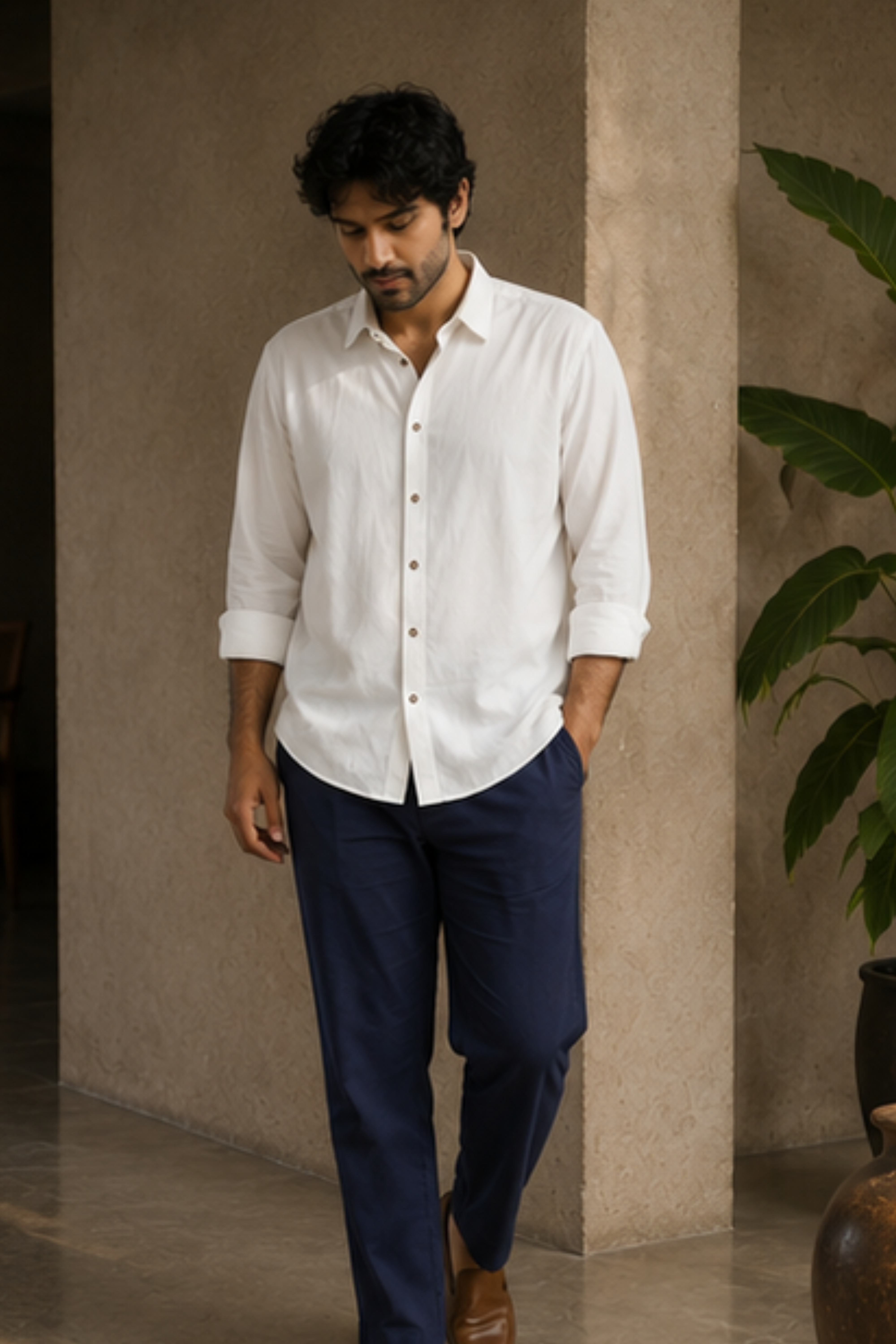 Serene Ayurvedic Cotton Shirt with Spread Collar – Off White Full Sleeve Cotton Shirt for Men