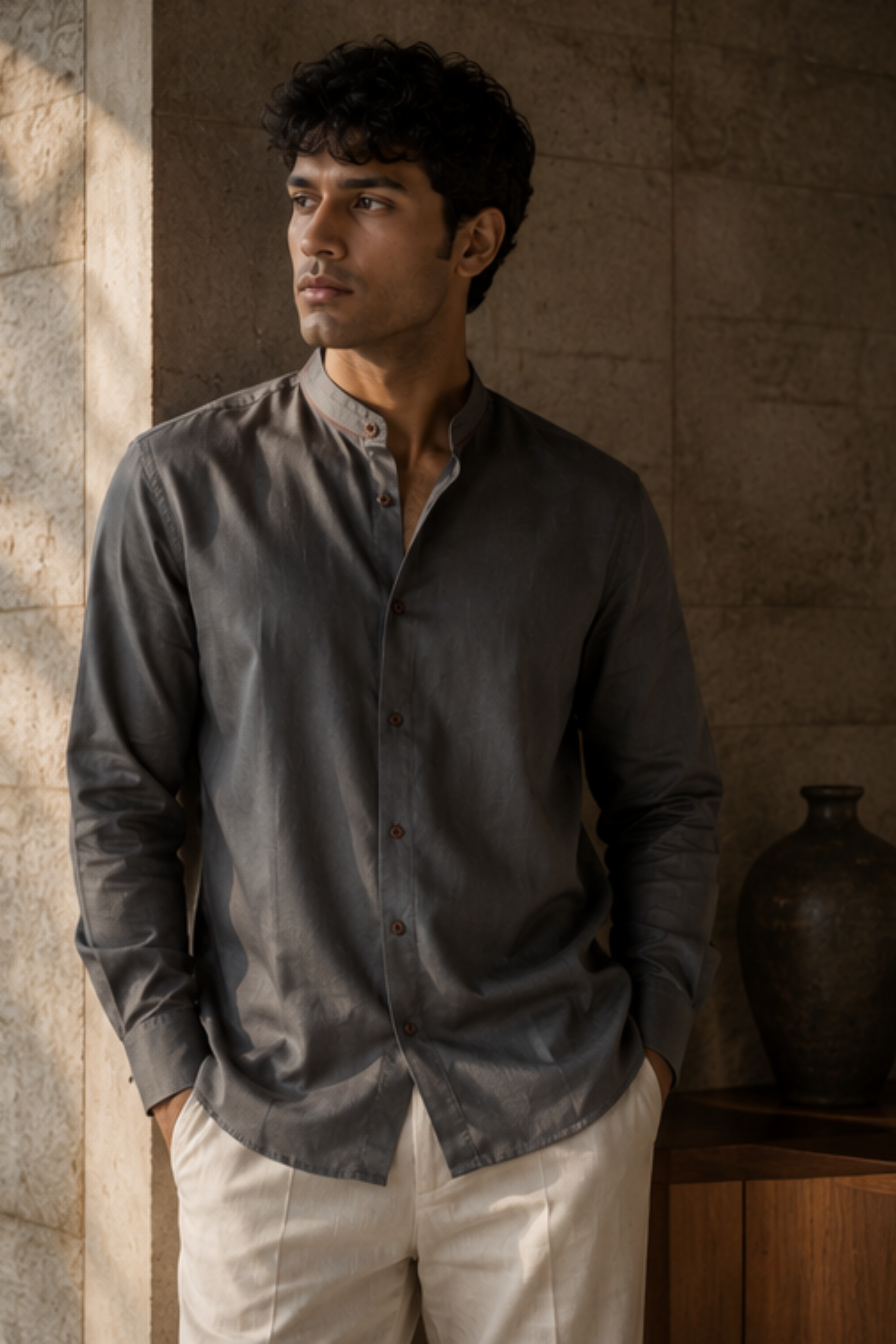 Strata Tencel™ Flax Chinese Collar Shirt – Steel Grey Cotton Linen Blend Full Sleeve Shirt for Men