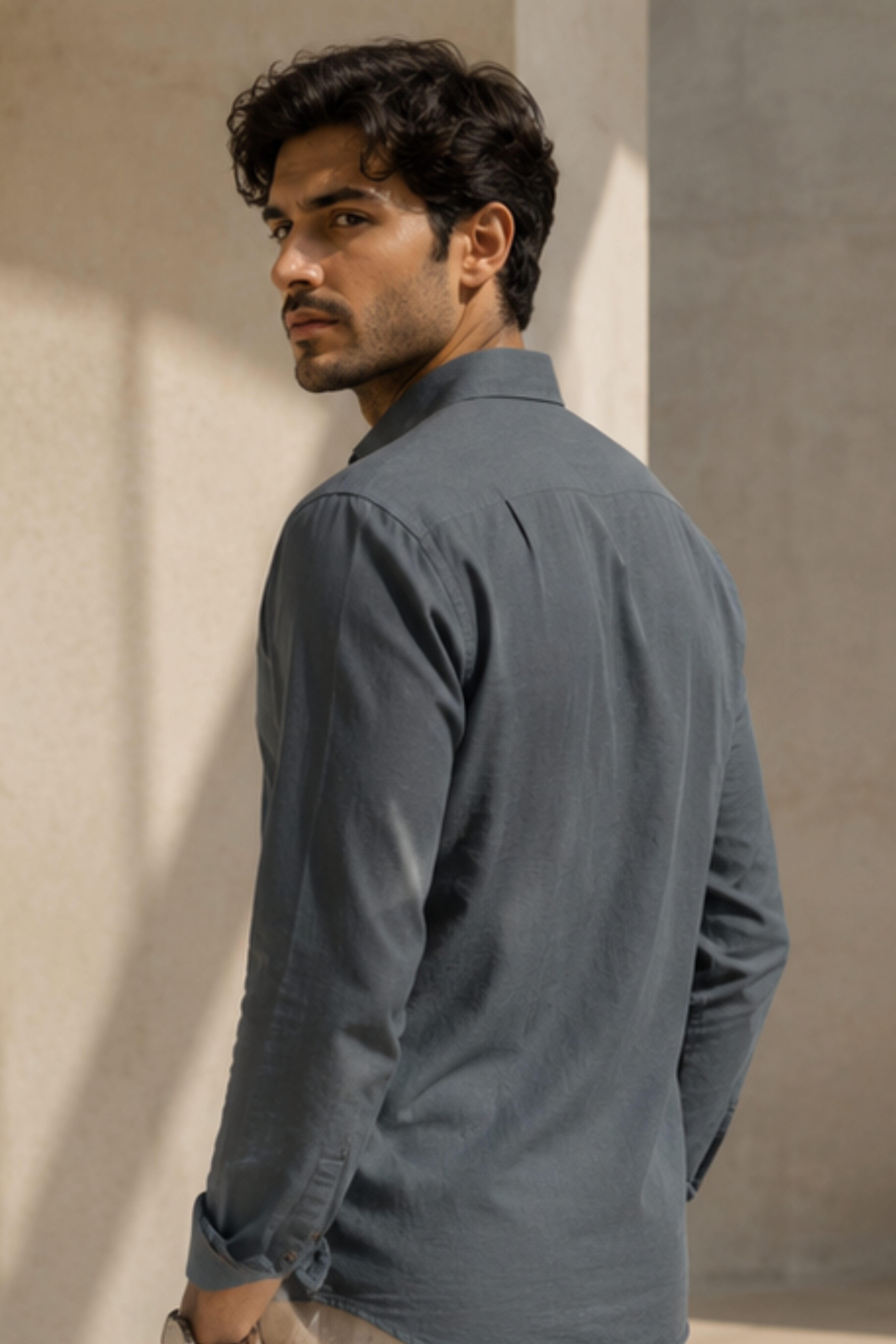 Strata Tencel™ Flax Spread Collar Shirt – Steel Grey Cotton Linen Blend Full Sleeve Shirt for Men