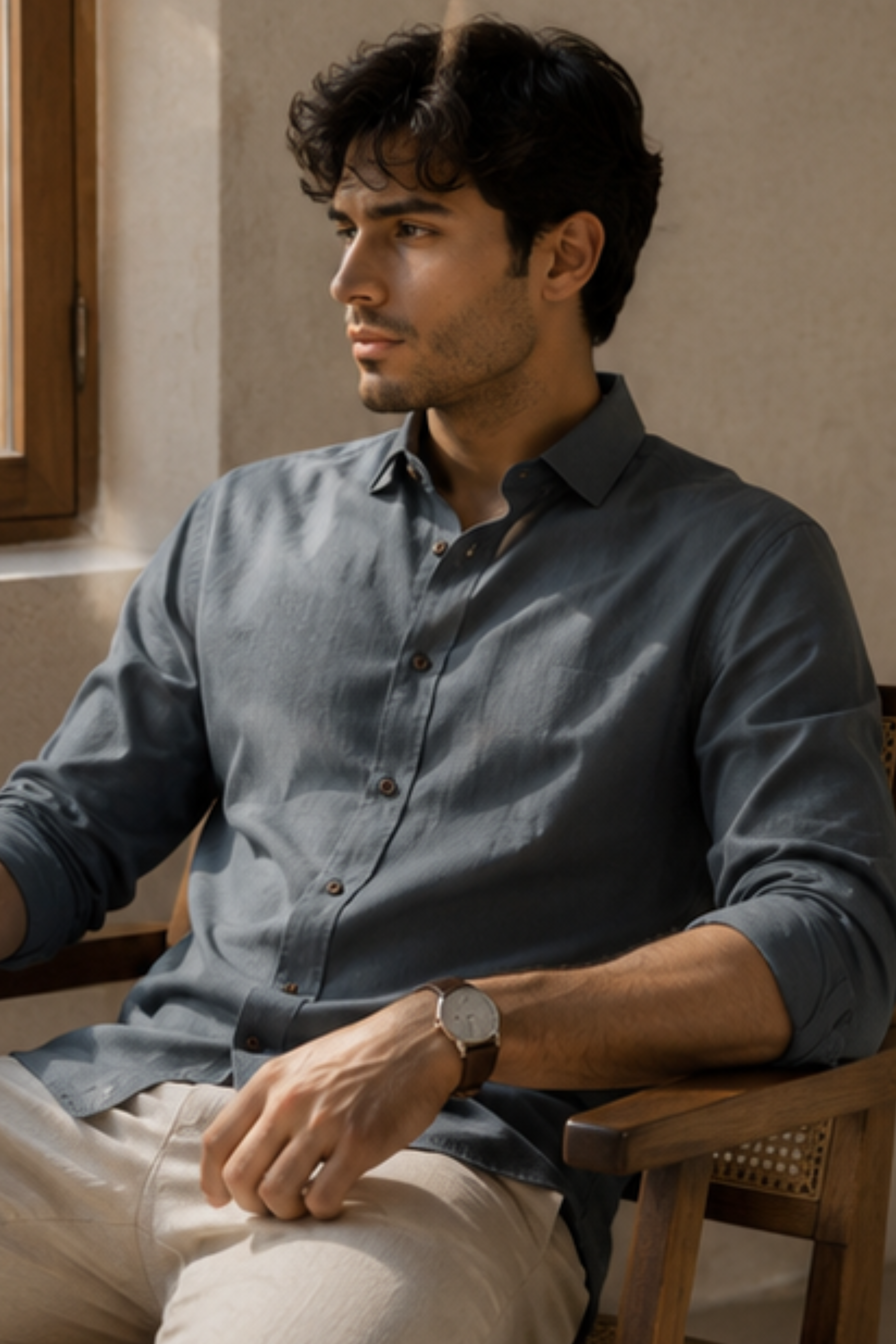 Strata Tencel™ Flax Spread Collar Shirt – Steel Grey Cotton Linen Blend Full Sleeve Shirt for Men