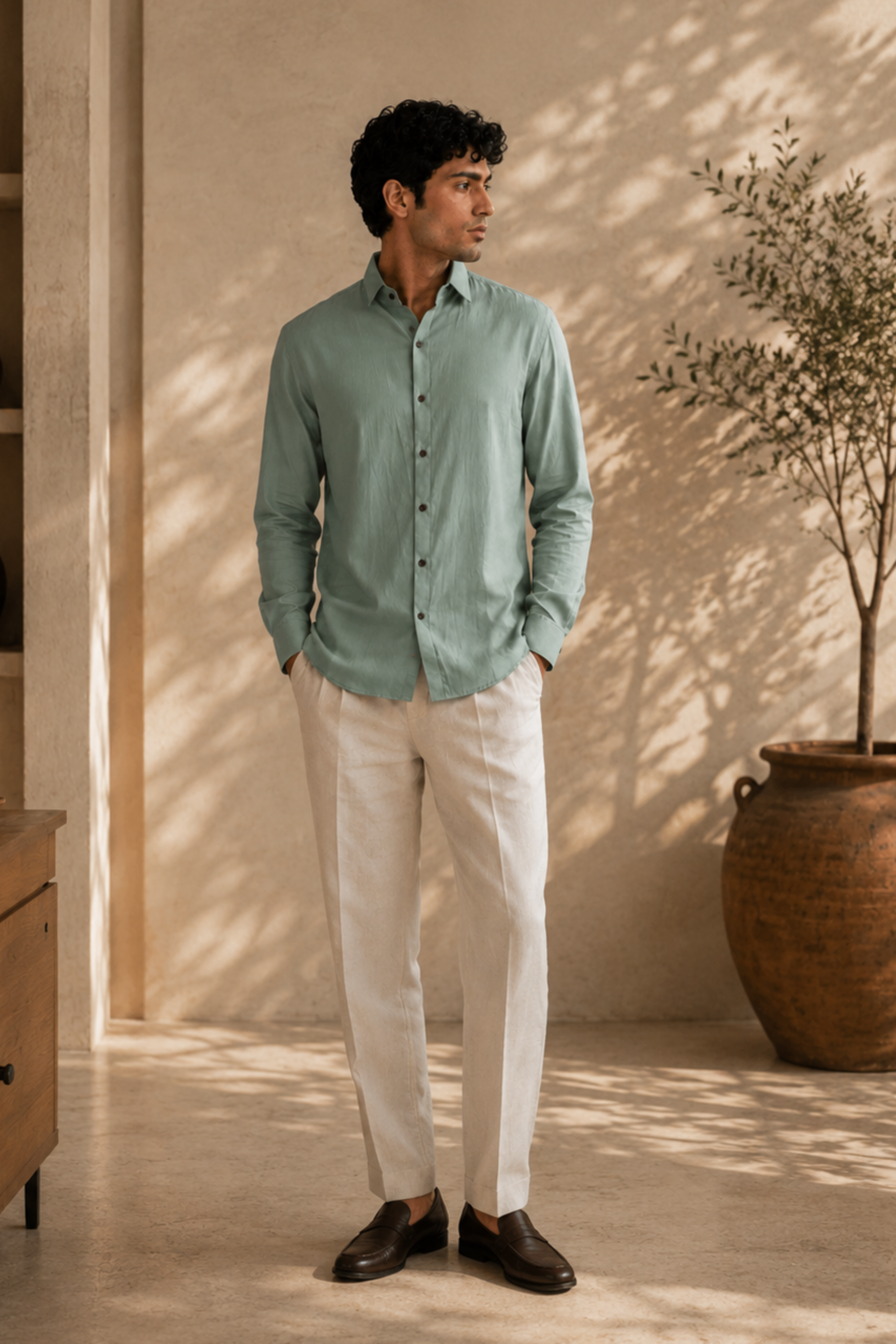 Strata Tencel™ Flax Spread Collar Shirt – Pastel Green Cotton Linen Blend Full Sleeve Shirt for Men