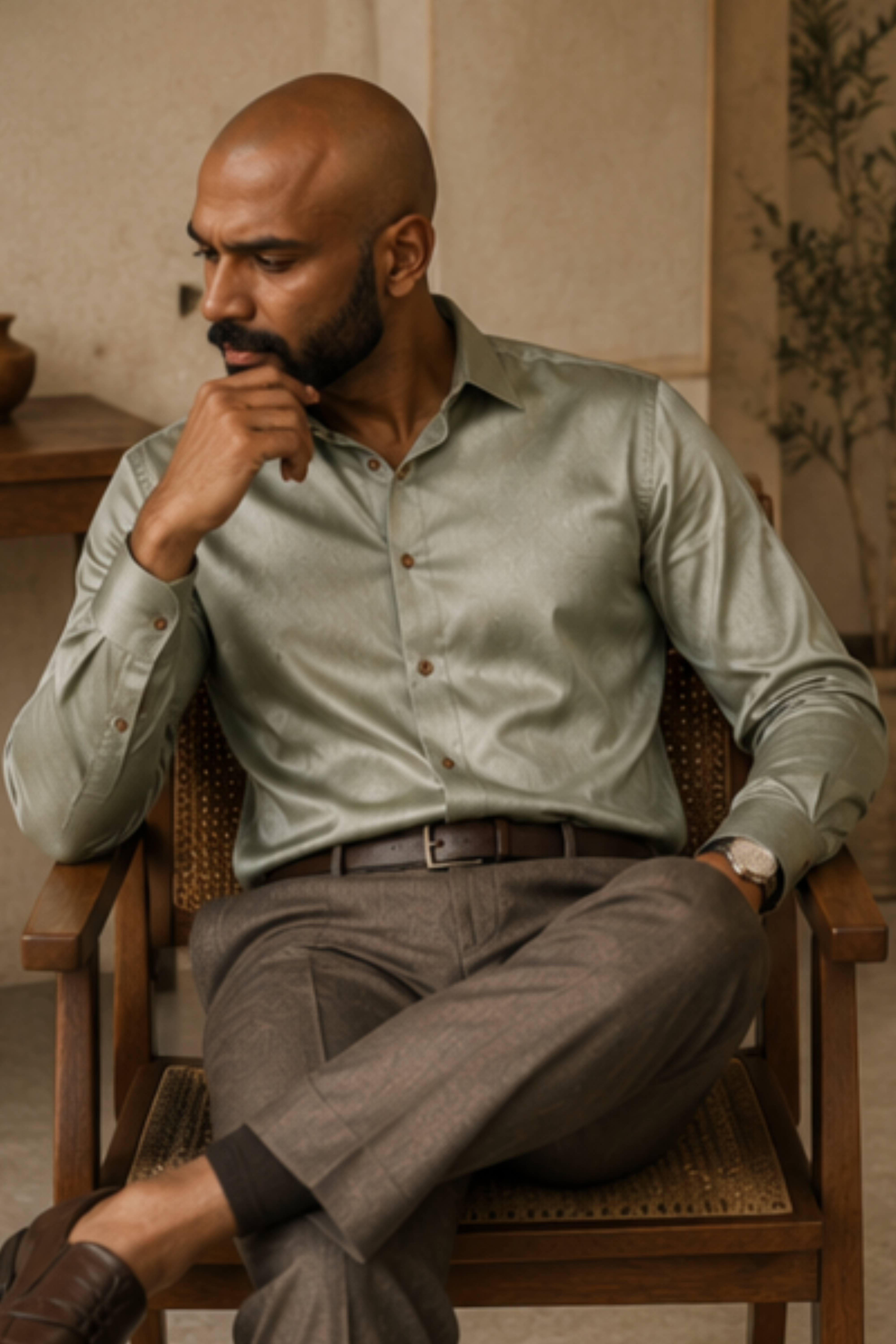 Zenith Tencel™ Satin Spread Collar Shirt – Sage Green Full Sleeve Shirt for Men
