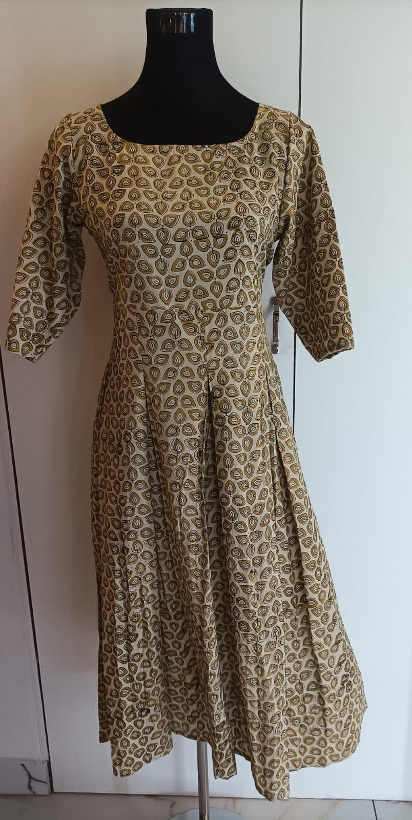 Handblock-printed Midi Dress in Brown