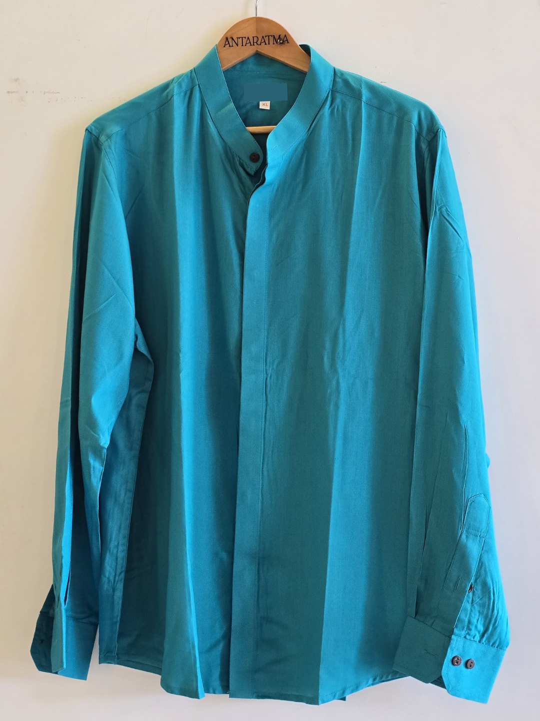 Aqua Modal Satin Chinese Collar Shirt