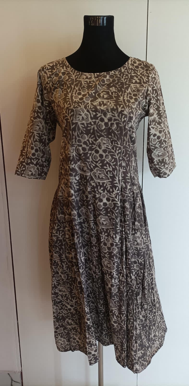 Handblock-printed Midi Dress in Brown