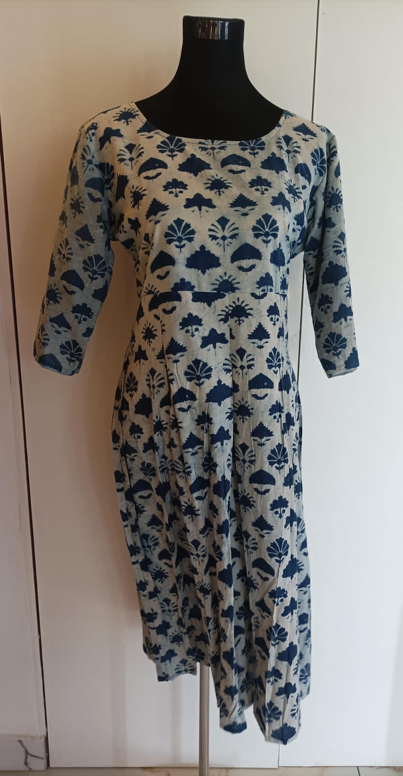 Handblock-printed Midi Dress in Indigo