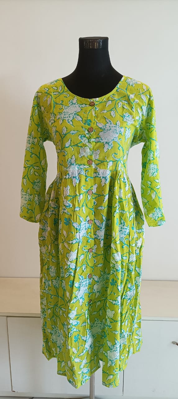 Handblock-printed Midi Dress in Green