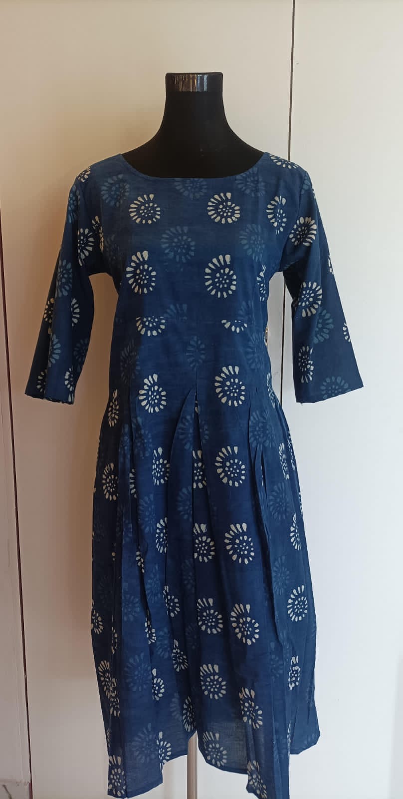 Handblock-printed Midi Dress in Indigo