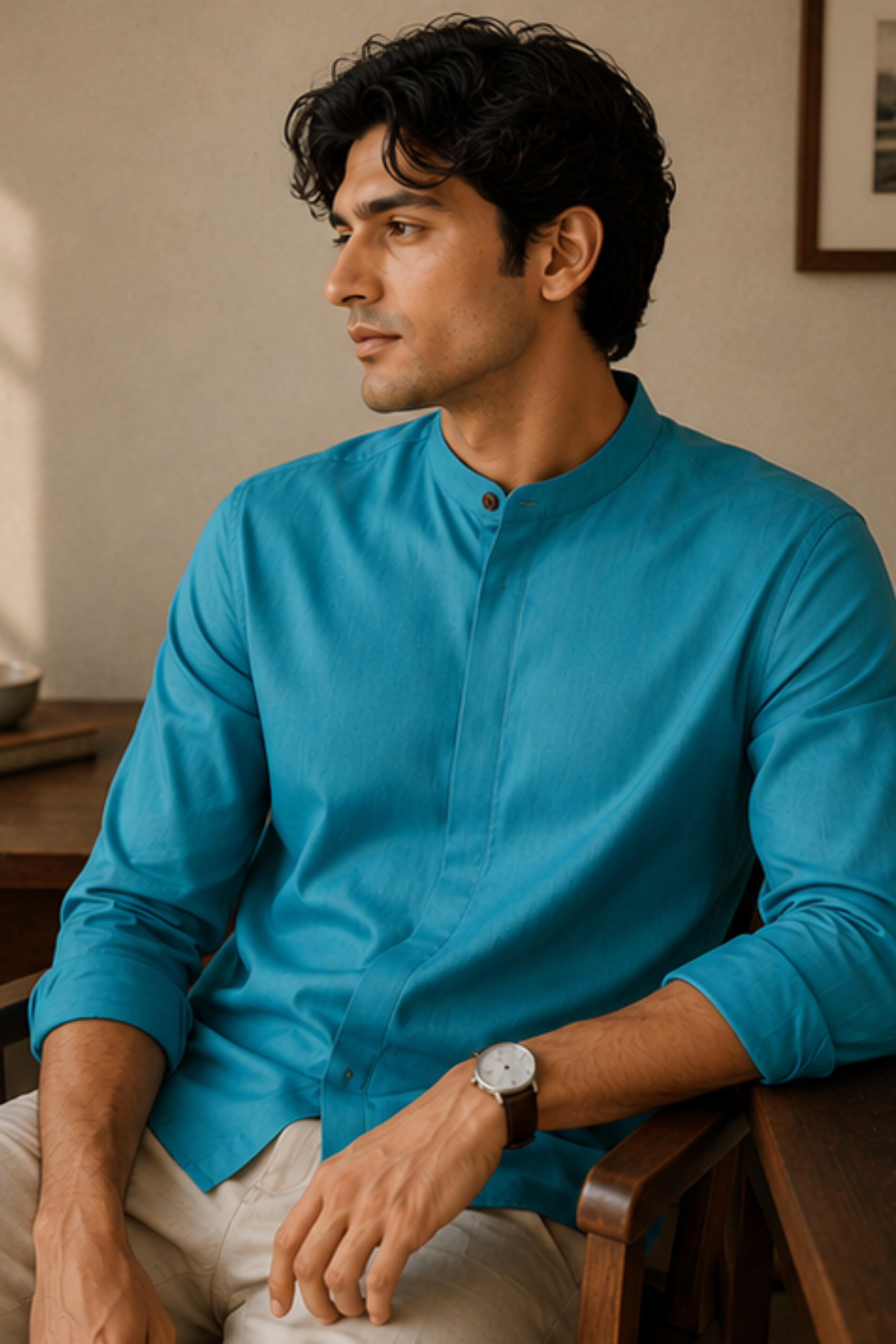 Imperial Aqua Modal Satin Chinese Collar Shirt for Men – Full Sleeve Sustainable Shirt