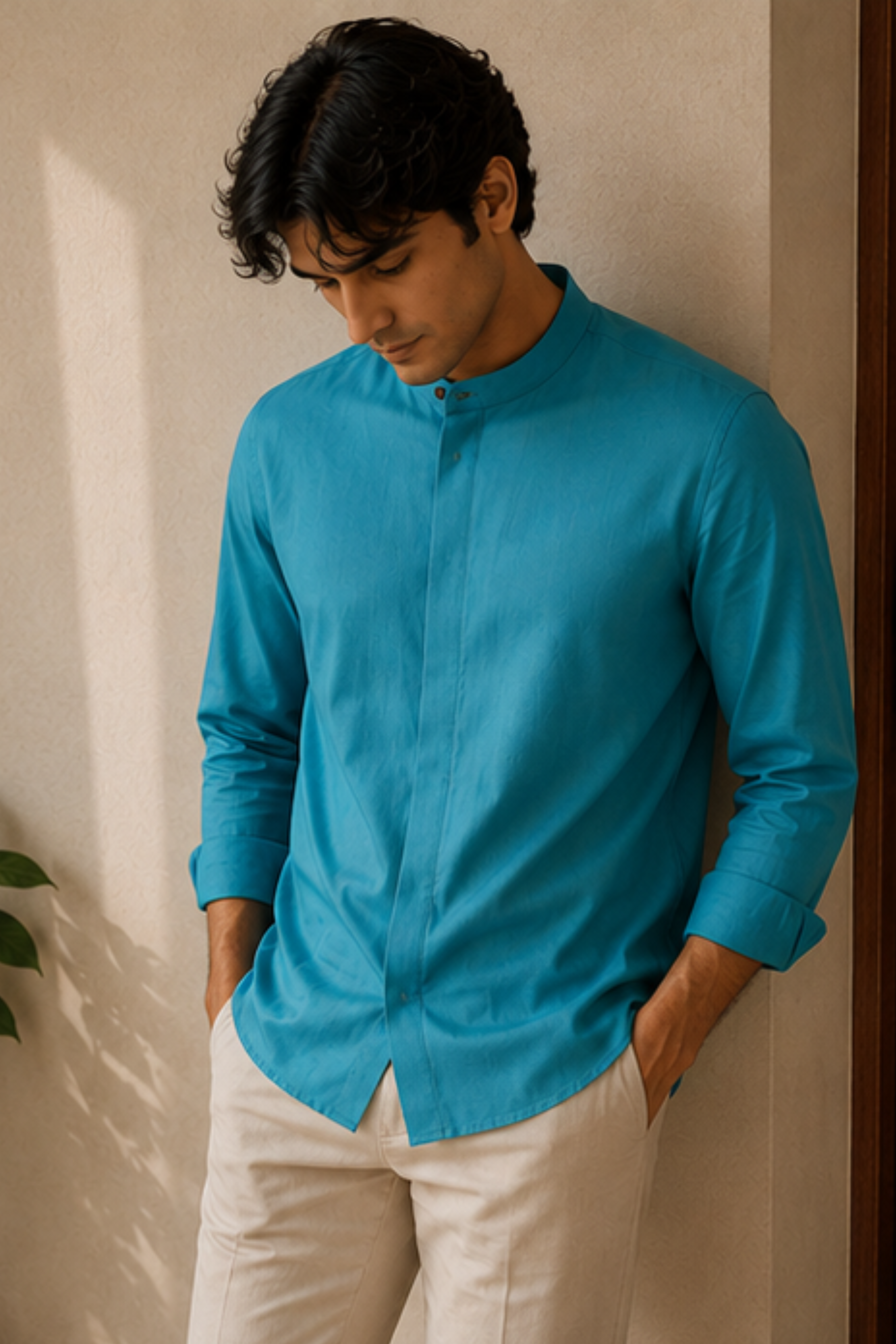 Imperial Aqua Modal Satin Chinese Collar Shirt for Men – Full Sleeve Sustainable Shirt