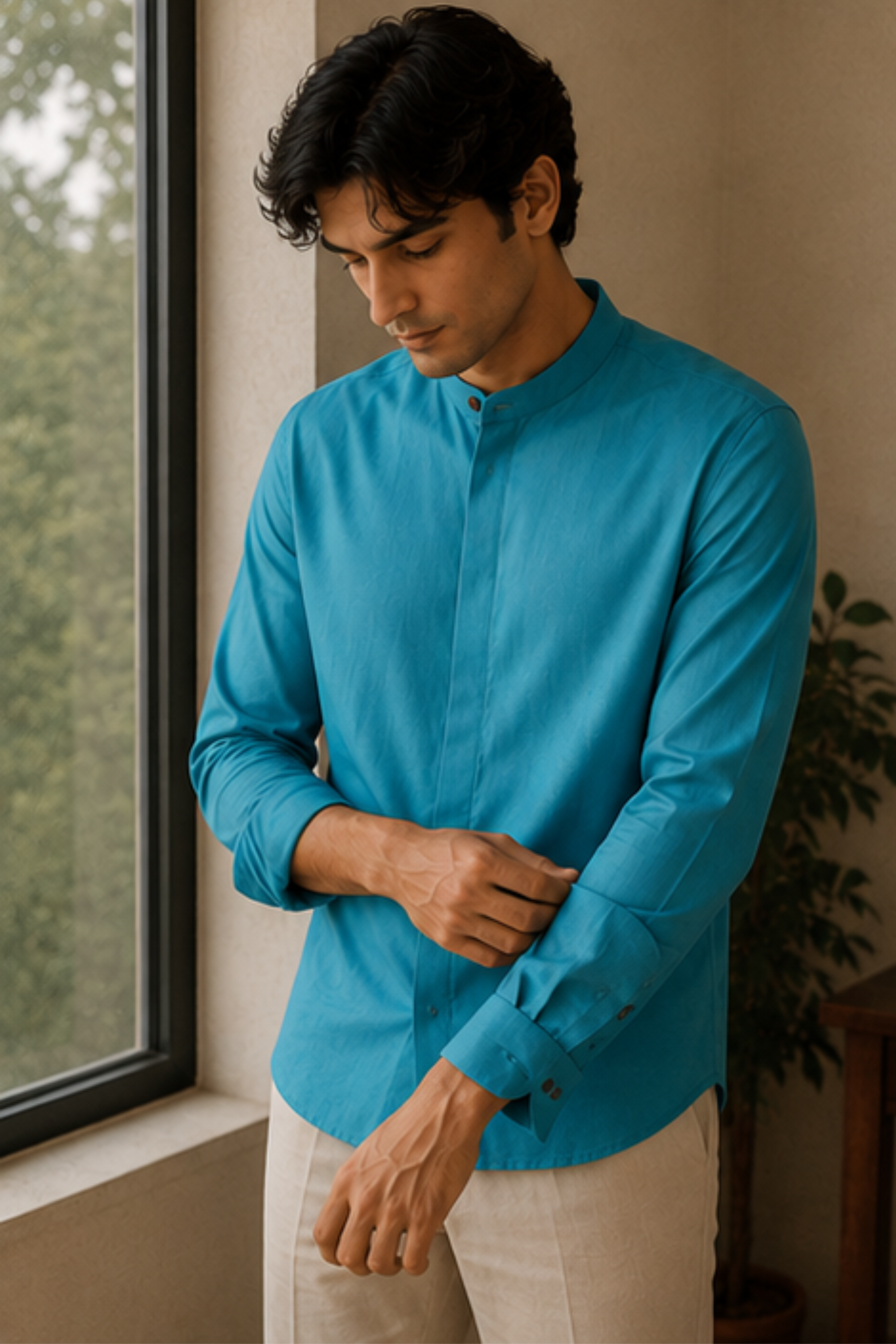 Imperial Aqua Modal Satin Chinese Collar Shirt for Men – Full Sleeve Sustainable Shirt