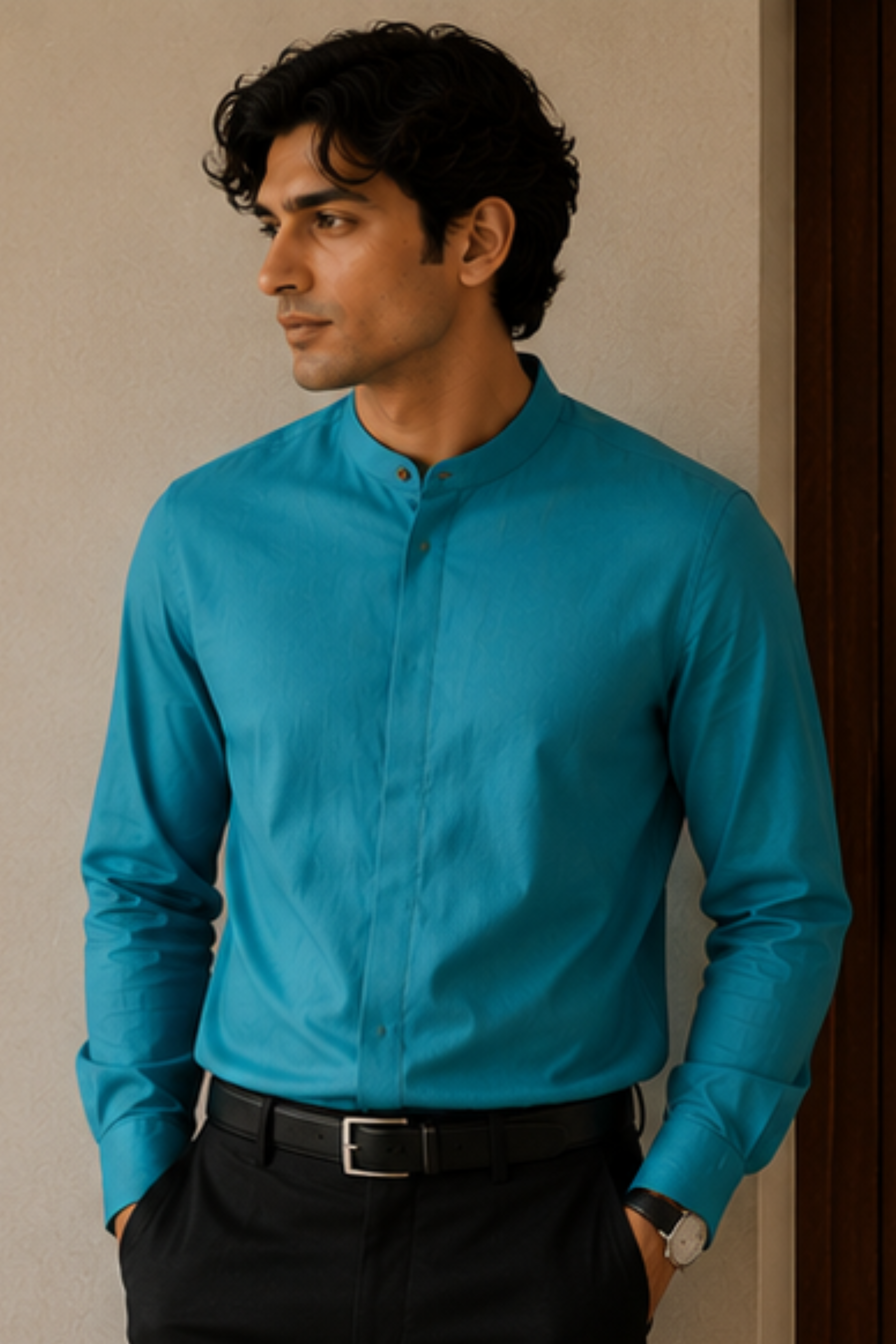 Imperial Aqua Modal Satin Chinese Collar Shirt for Men – Full Sleeve Sustainable Shirt