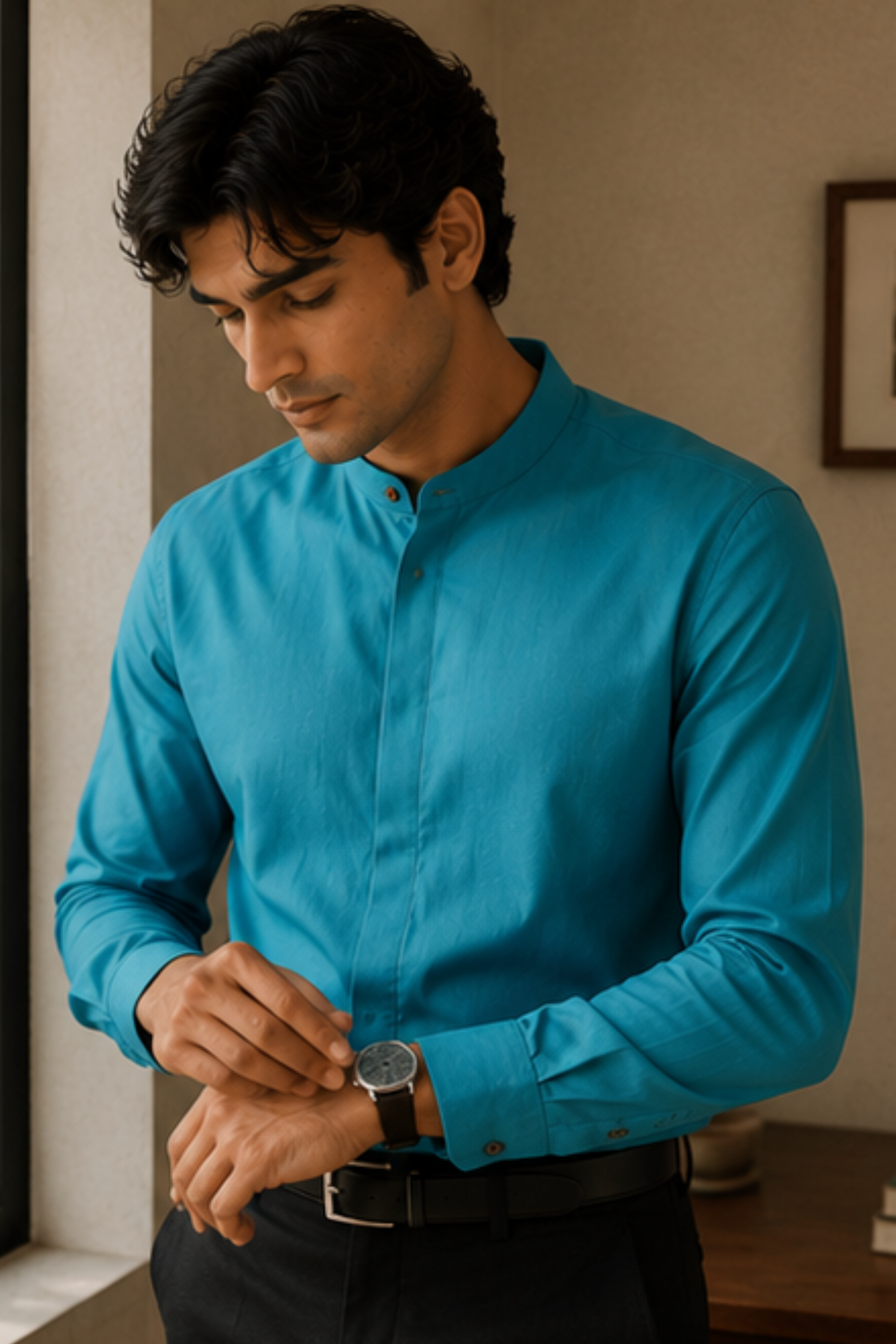 Imperial Aqua Modal Satin Chinese Collar Shirt for Men – Full Sleeve Sustainable Shirt