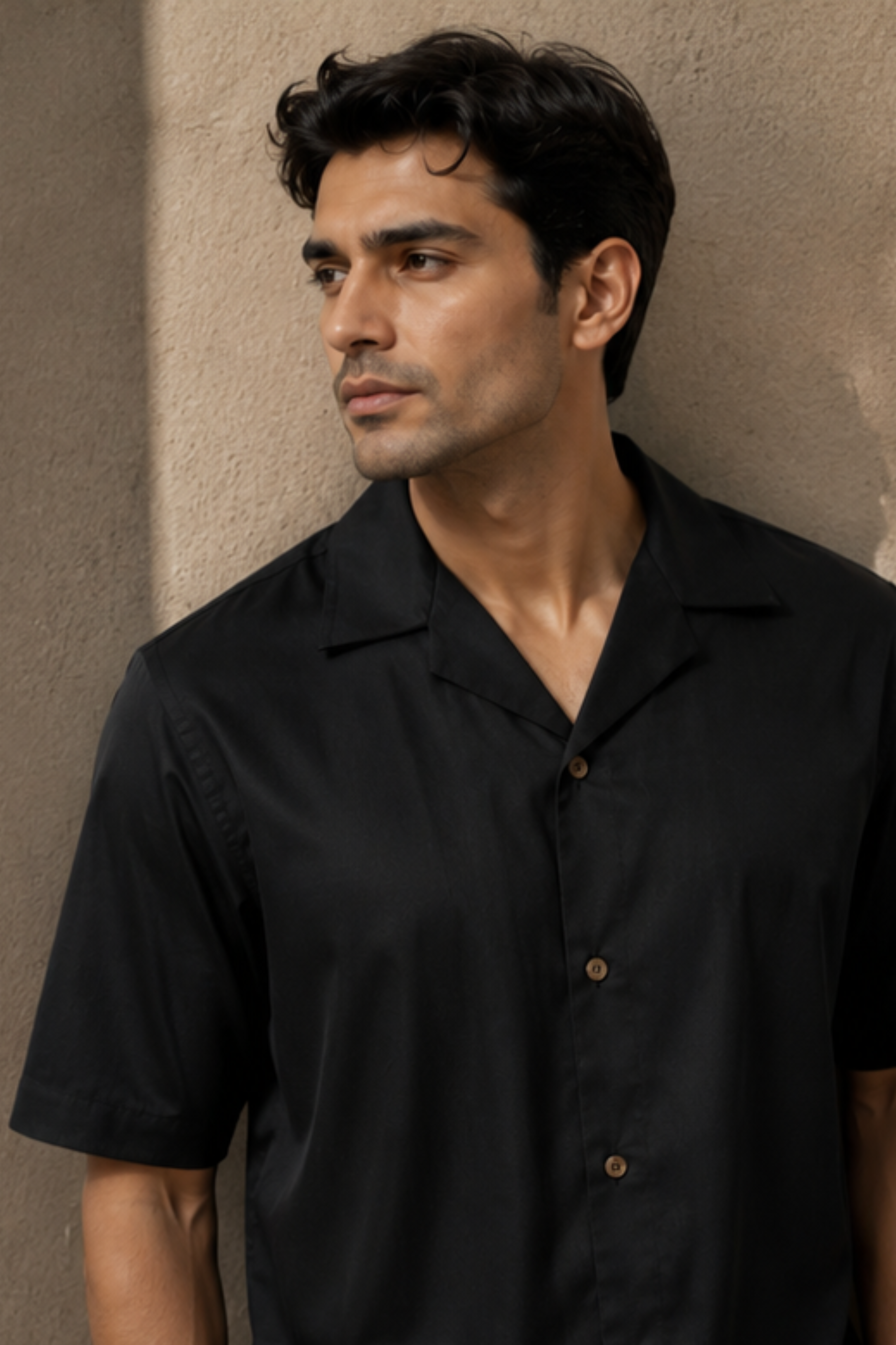 Eclipse Tencel™ Satin Camp Collar Shirt – Jet Black Half Sleeve Shirt for Men