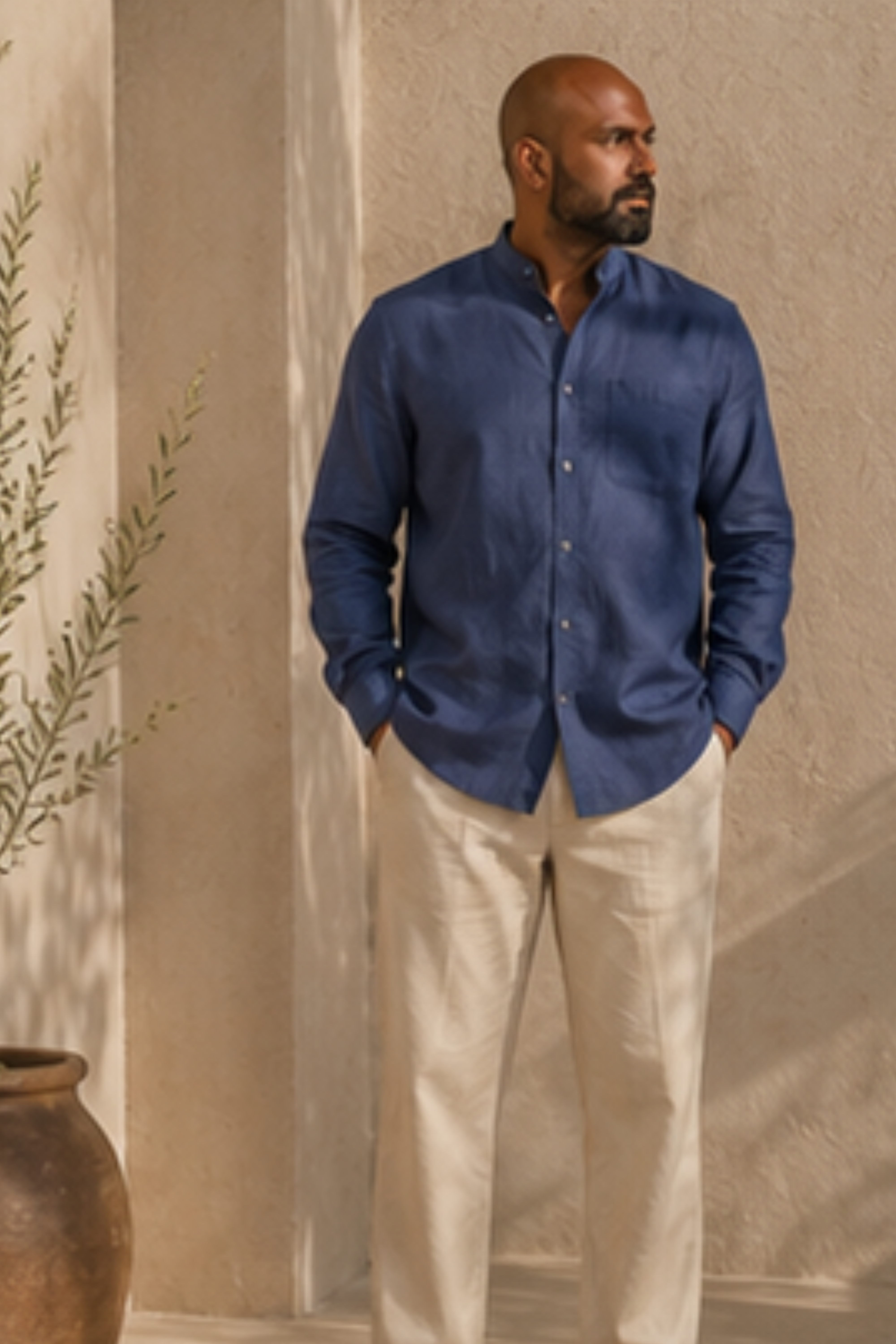 Midnight Blue Harmony Hemp Shirt with Chinese Collar – Full Sleeve Shirt for Men