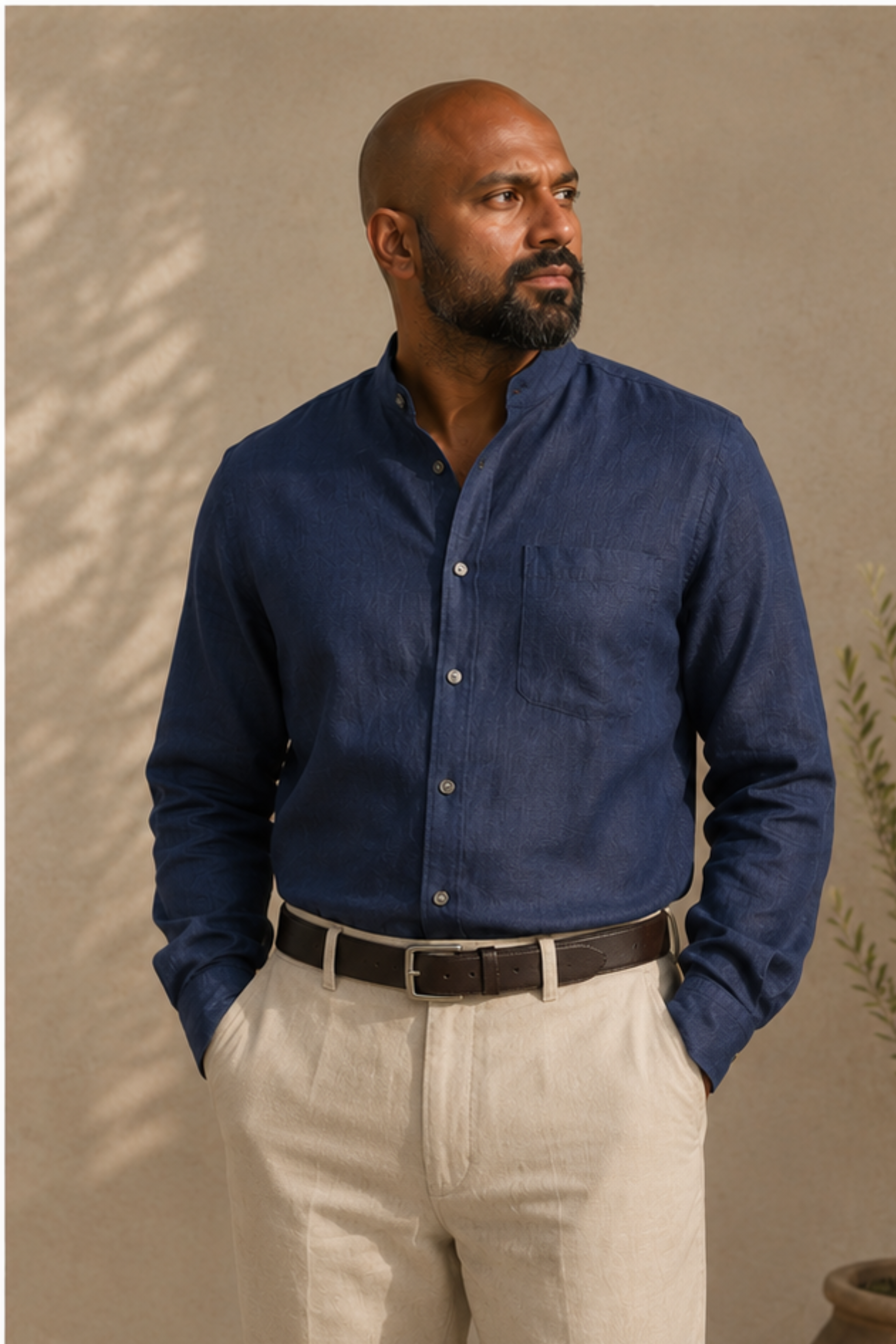 Midnight Blue Harmony Hemp Shirt with Chinese Collar – Full Sleeve Shirt for Men
