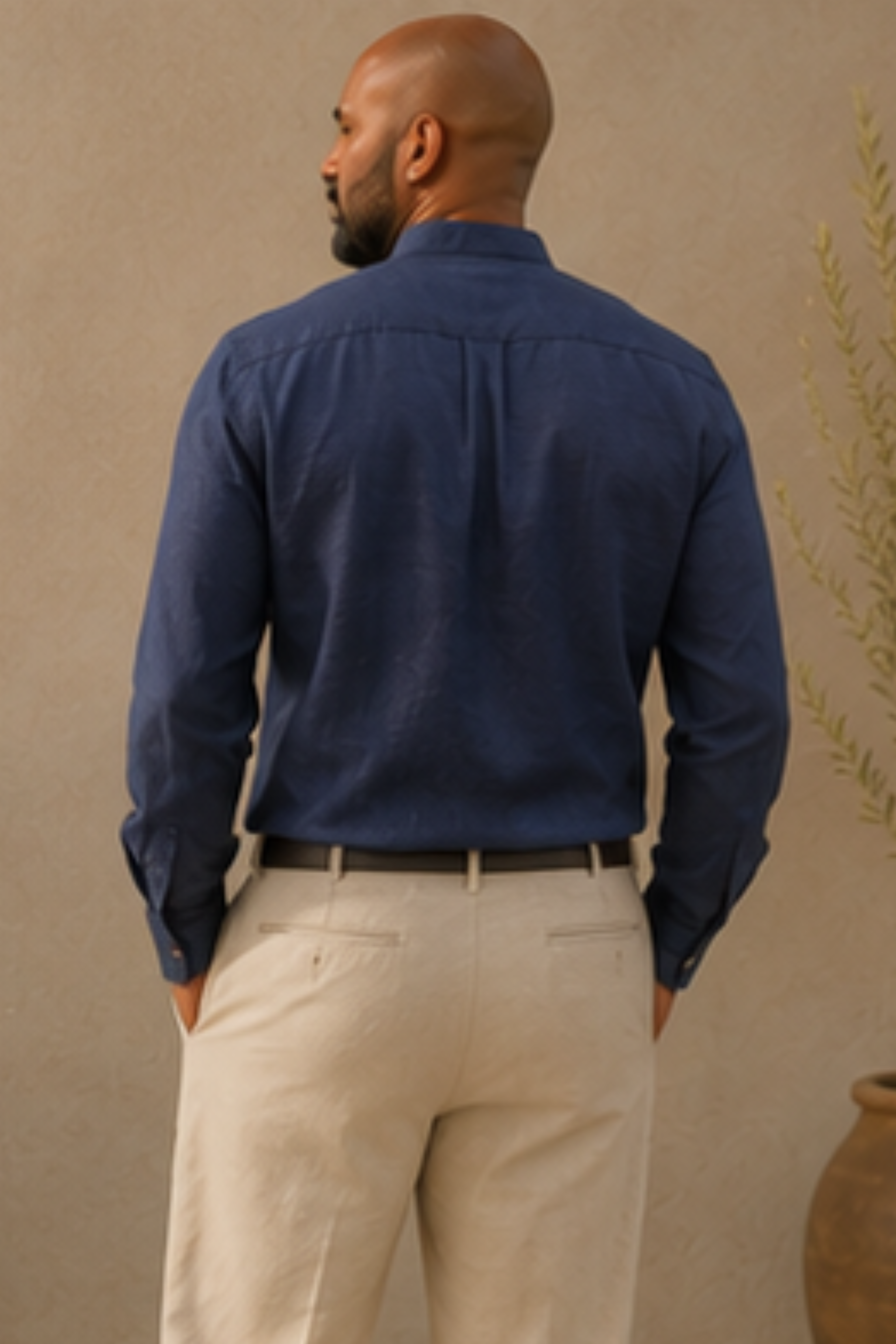 Midnight Blue Harmony Hemp Shirt with Chinese Collar – Full Sleeve Shirt for Men