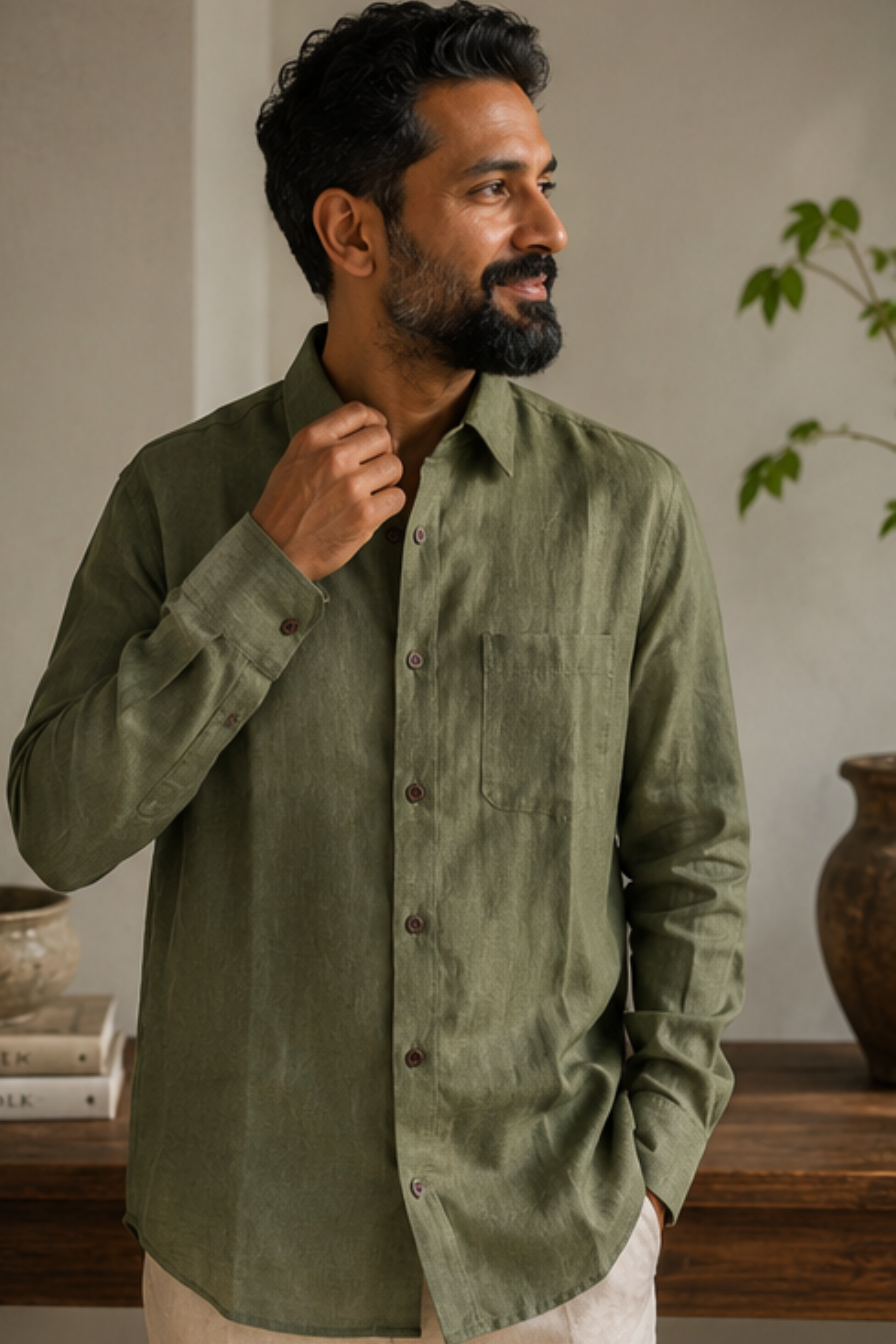 Harmony Olive Branch Hemp Shirt with Spread Collar – Premium Full Sleeve Shirt for Men