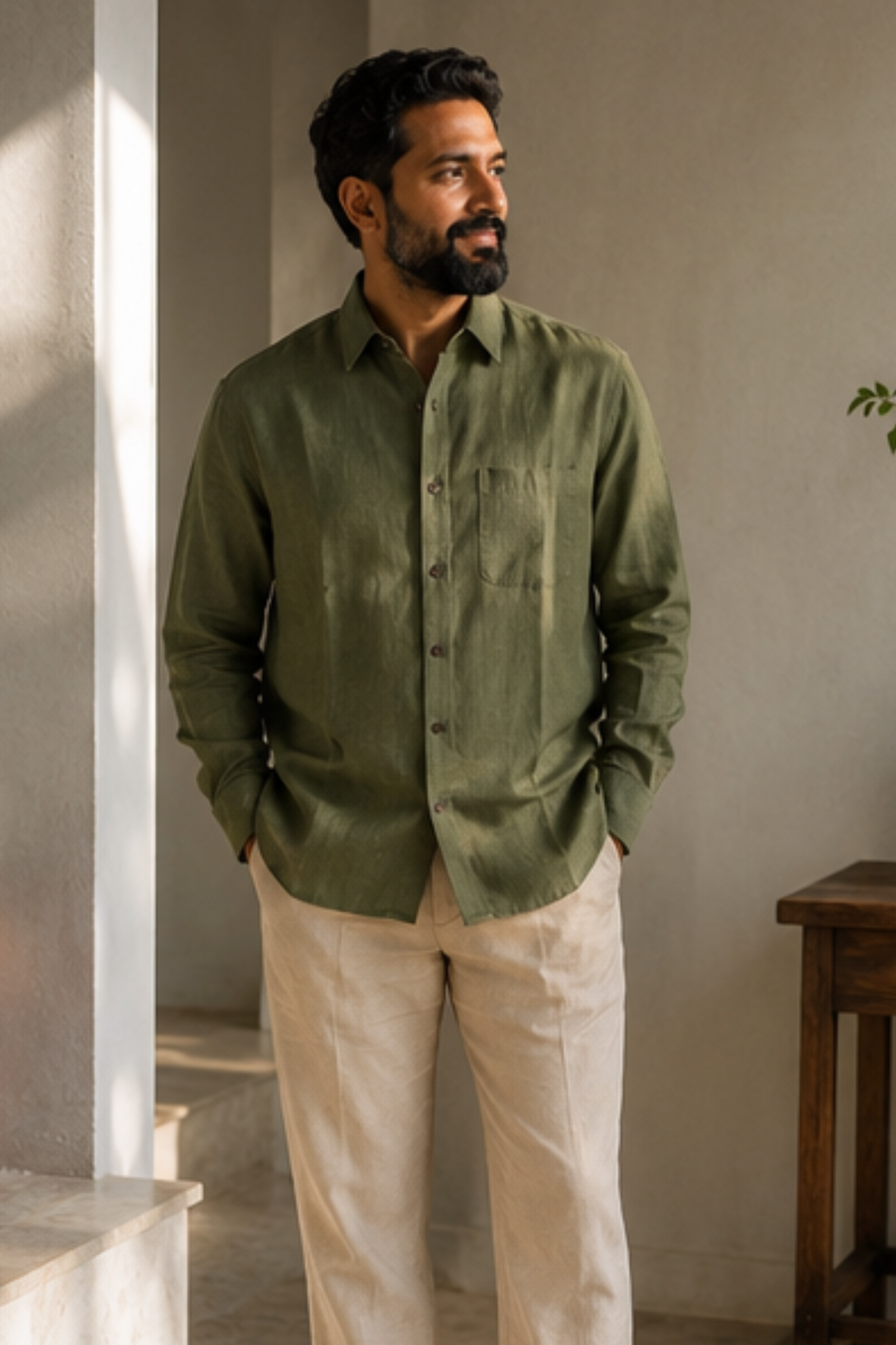 Harmony Olive Branch Hemp Shirt with Spread Collar – Premium Full Sleeve Shirt for Men